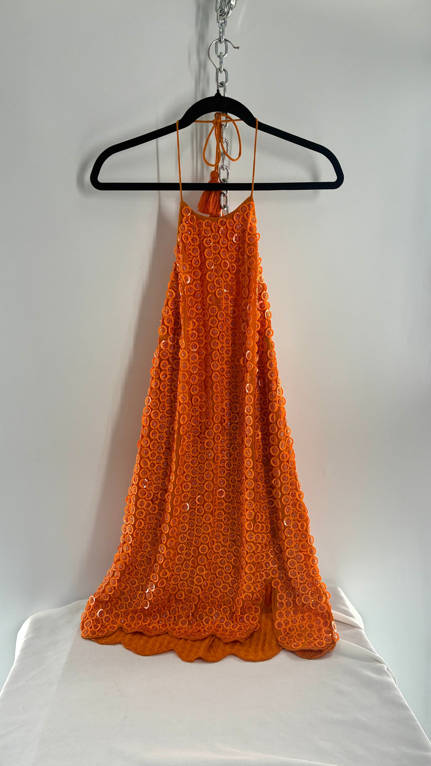 X by NBD Orange Backless Halter Mini Dress with Scalloped Hem, Covered in Beads and Sequins (Medium)