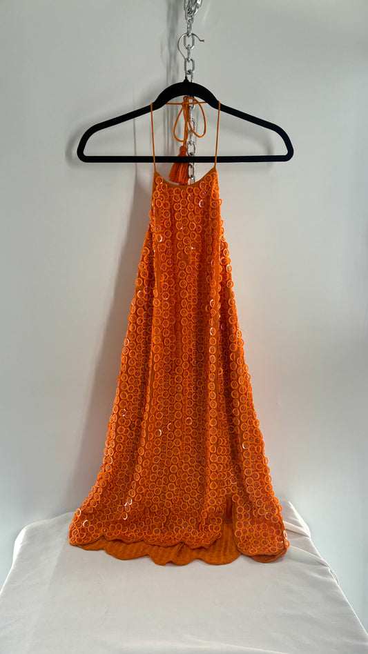 X by NBD Orange Backless Halter Mini Dress with Scalloped Hem, Covered in Beads and Sequins (Medium)