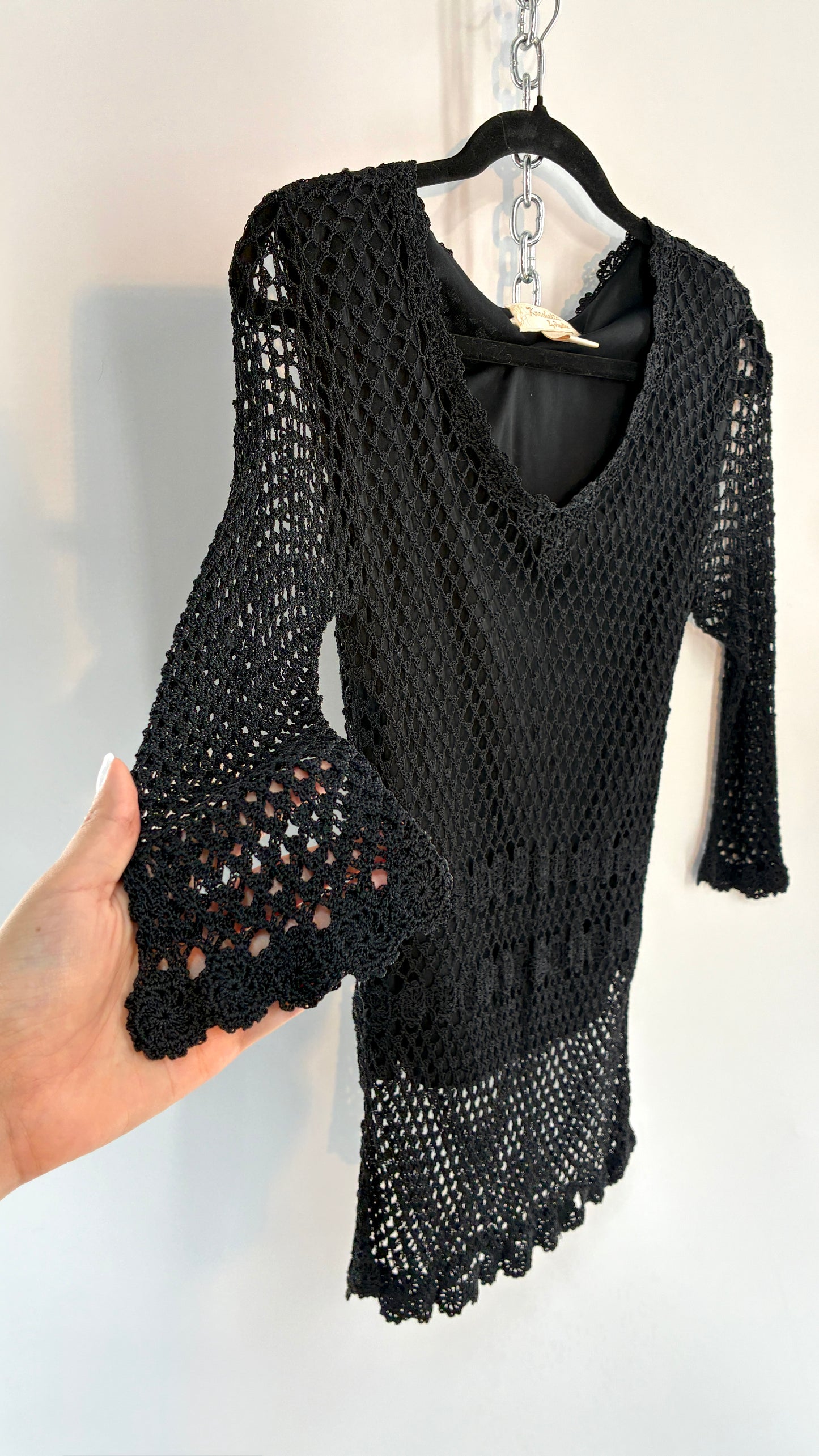 Vintage KROSHETTA by PAPILLON  Black Crochet Quarter Sleeve Blouse (Medium)