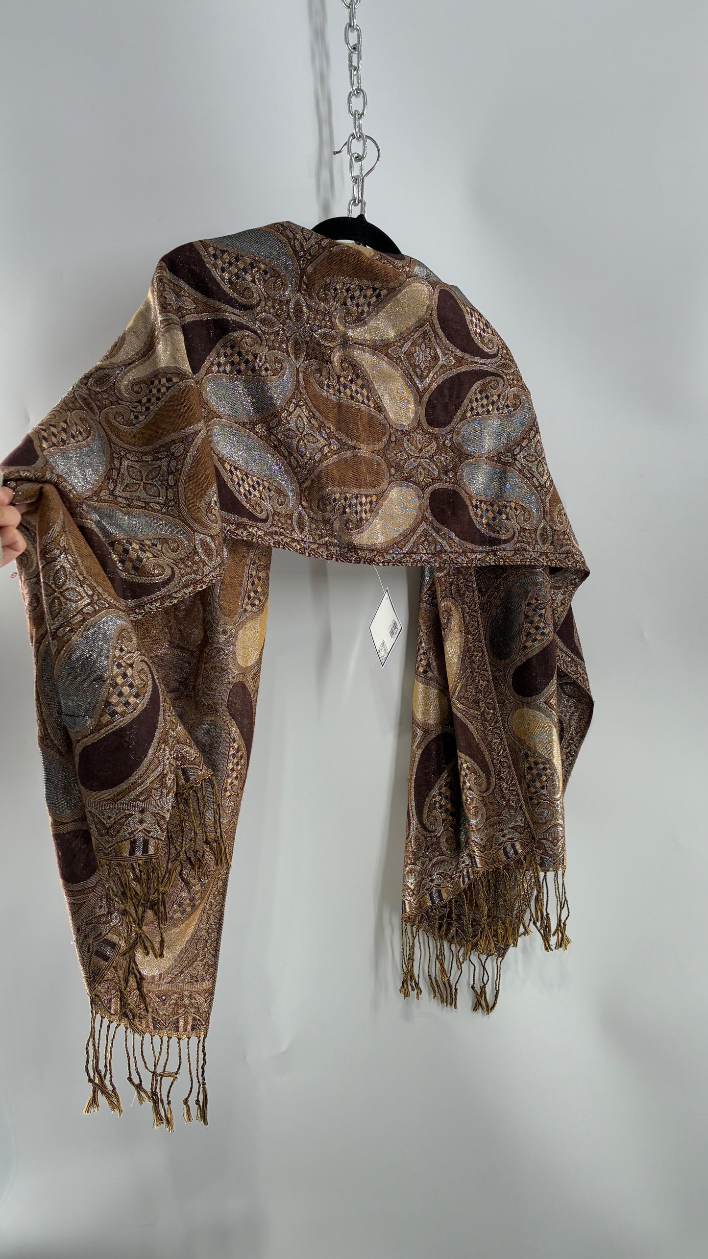 Vintage Paisley Metallic Knit Bronze and Silver Scarf