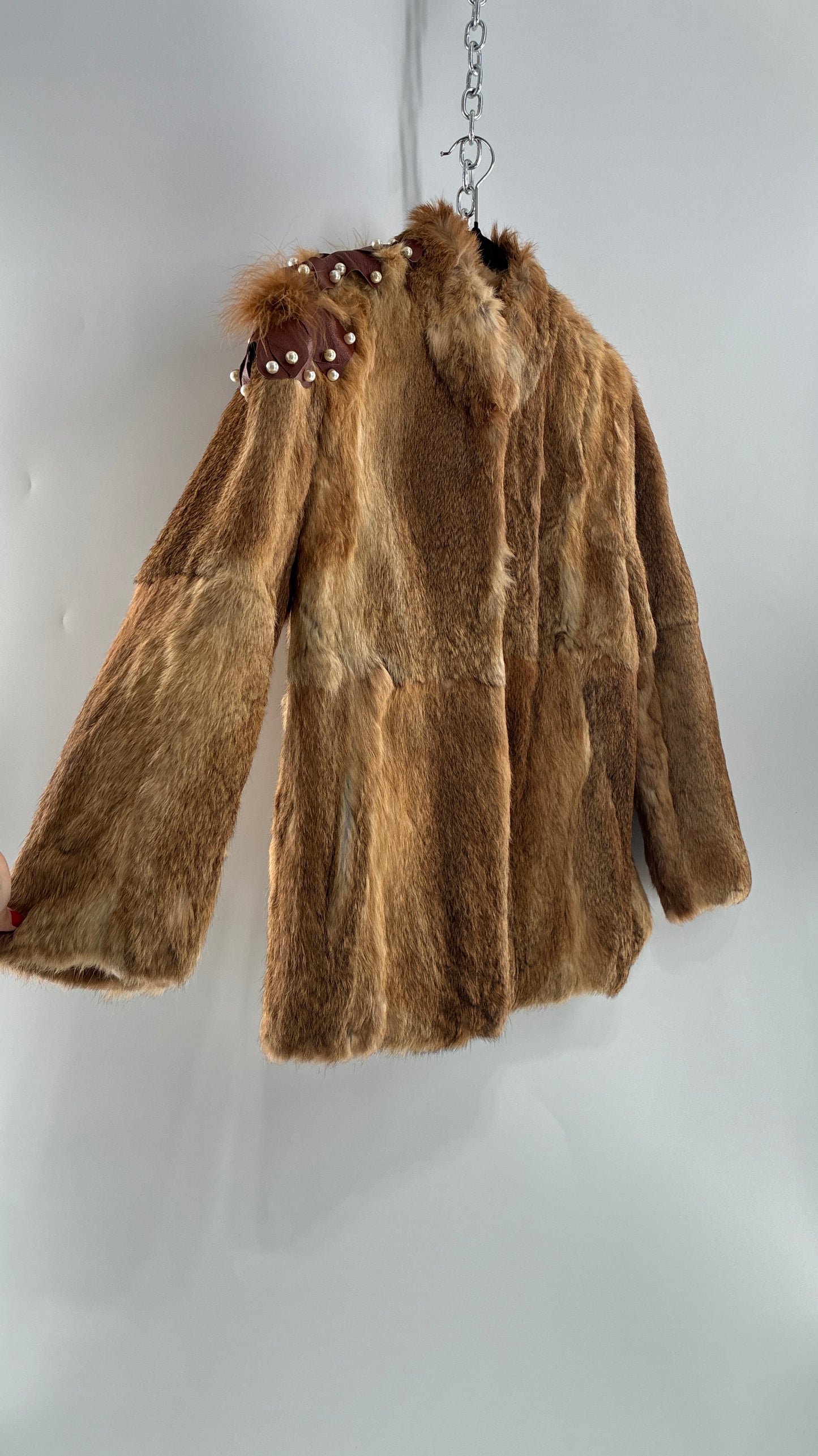 Vintage OPERA Montreal New York Genuine Fur Coat with Pearl Embellished Leather Flower Appliqués (Medium)