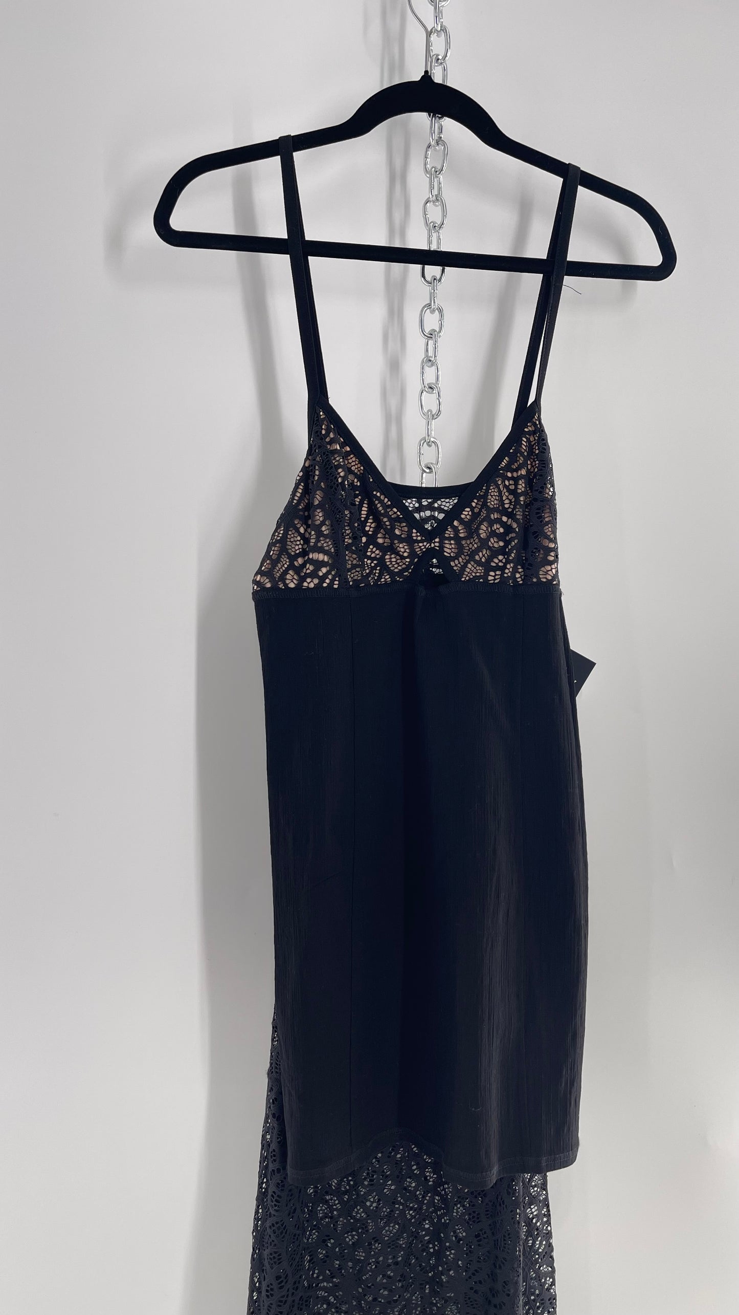 Intimately Free People Set Black Mini Dress with Nude Bust and Lace Sheer Maxi Skirt (Medium)