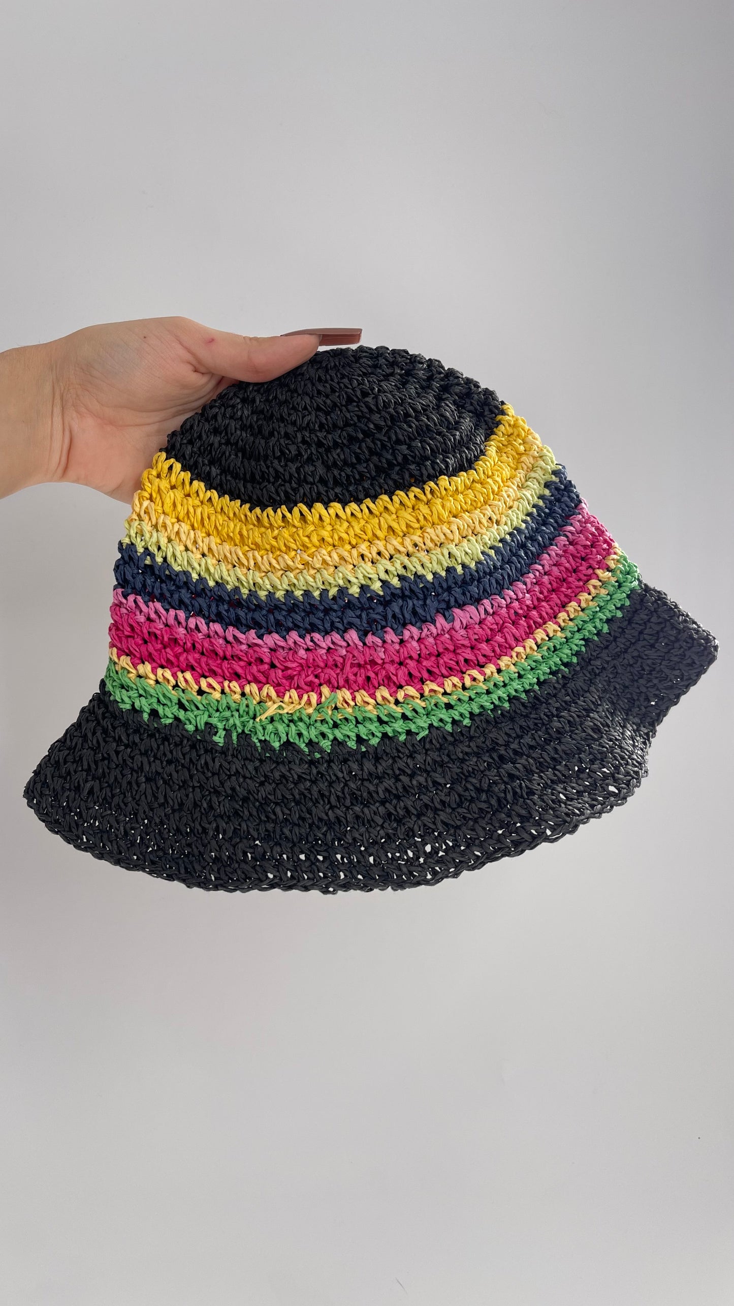 Black Striped Straw Sun/Bucket Hat