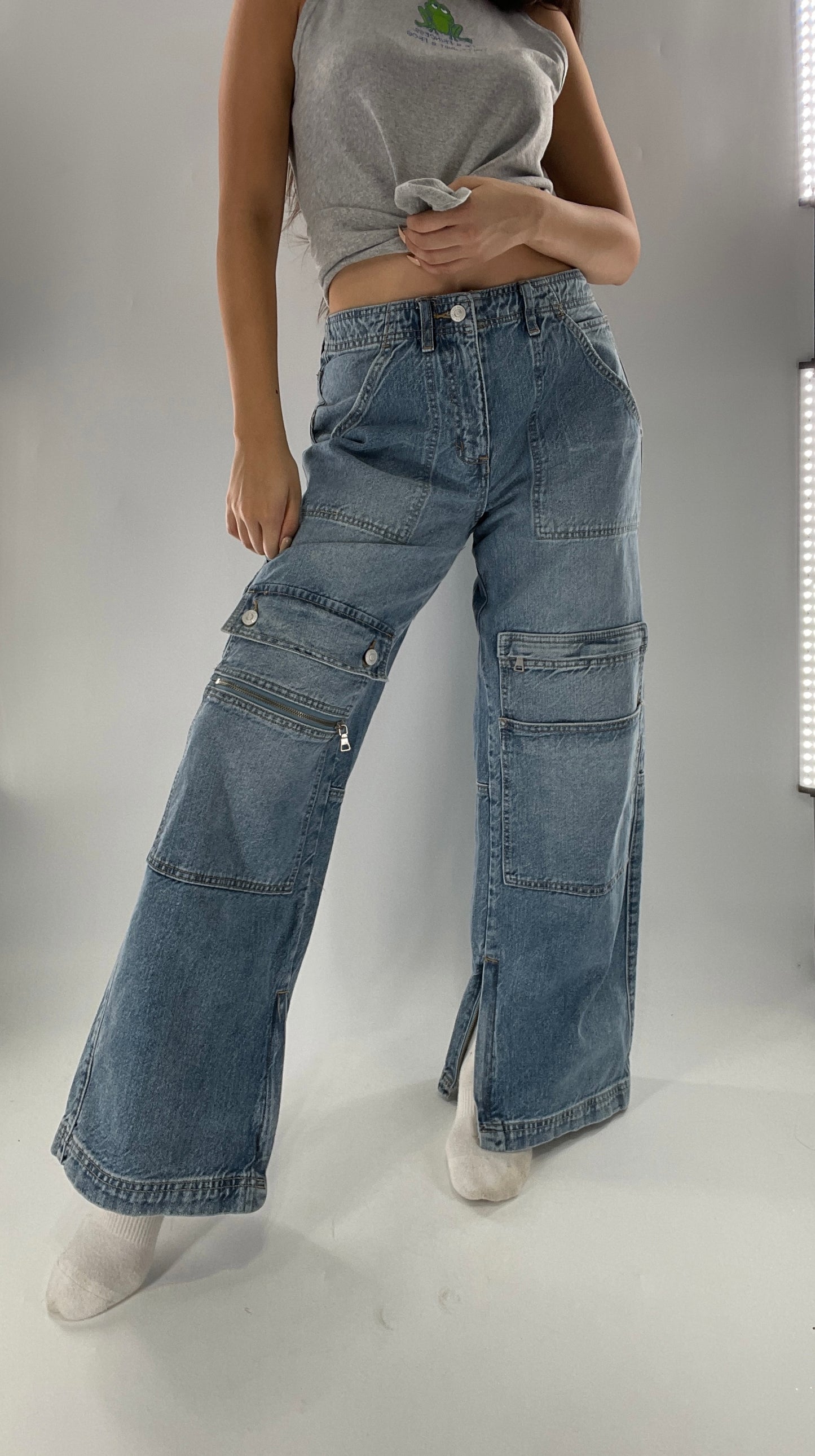 Free People Wide Leg Cargo Jeans Covered in Pockets, Zippers and stitching  (27)