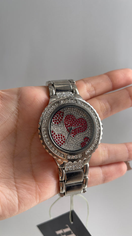 Vintage 2000s Silver BEBÊ Bejewled Rhinestone Heart Watch