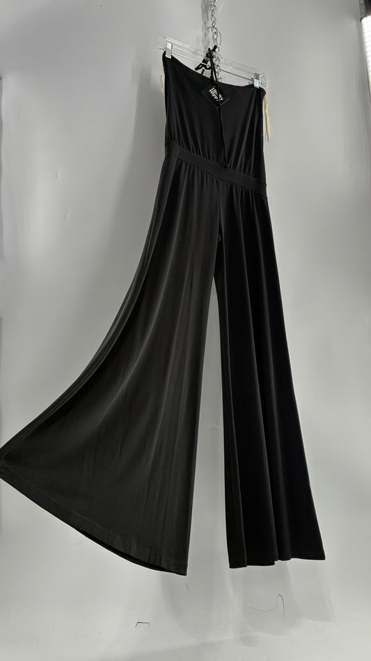 Vintage L8ter 1990s Black Drop Waist Wide Leg Jumpsuit with Beaded Choker Halter  (Small)