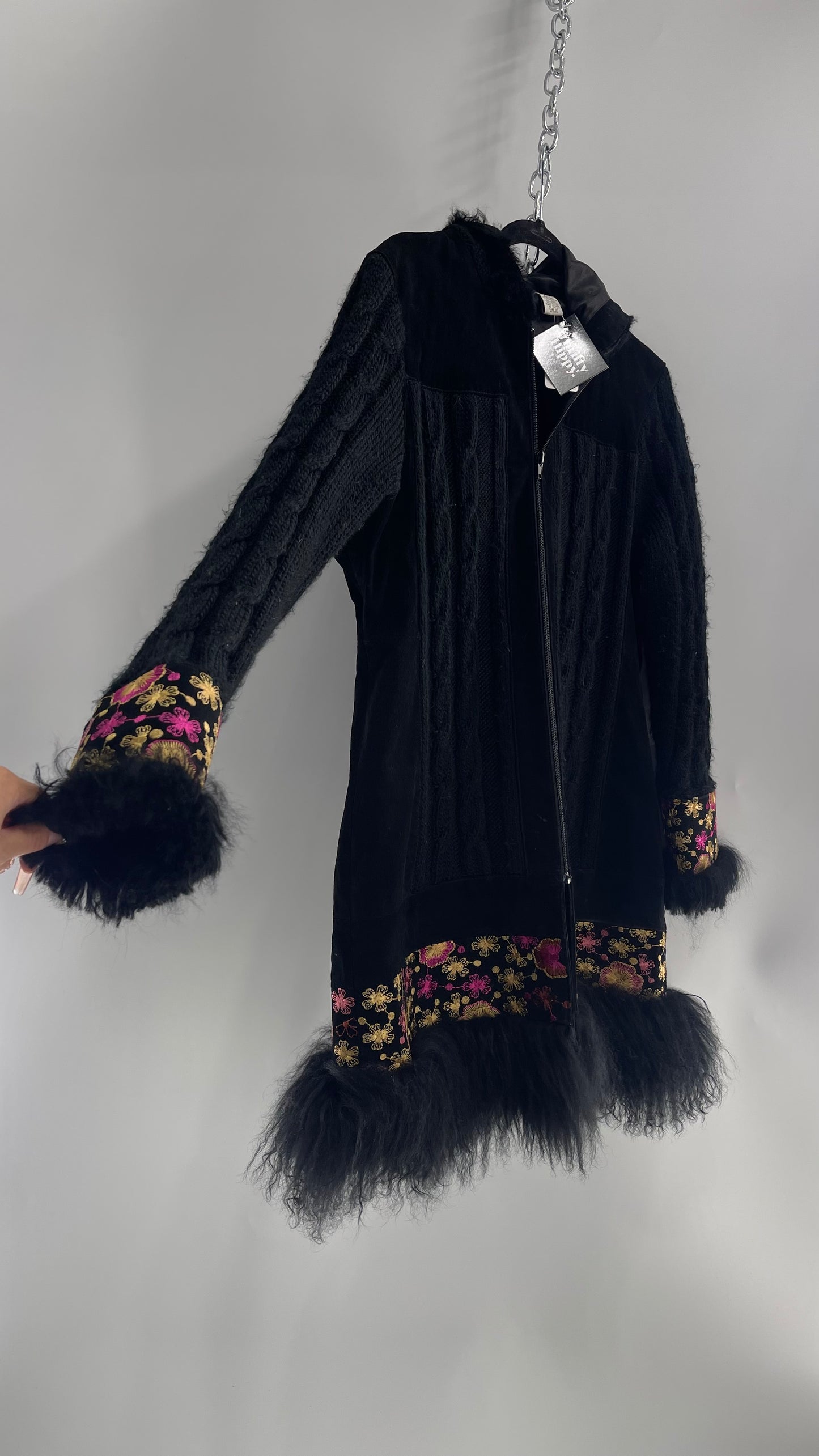 Rare Vintage Phosphorus Black Knit Coat with Suede Panels, Embroidered Suede Cuffs/Hem and Lamb Fur Trim on Hem, Cuffs and Hood (XL)