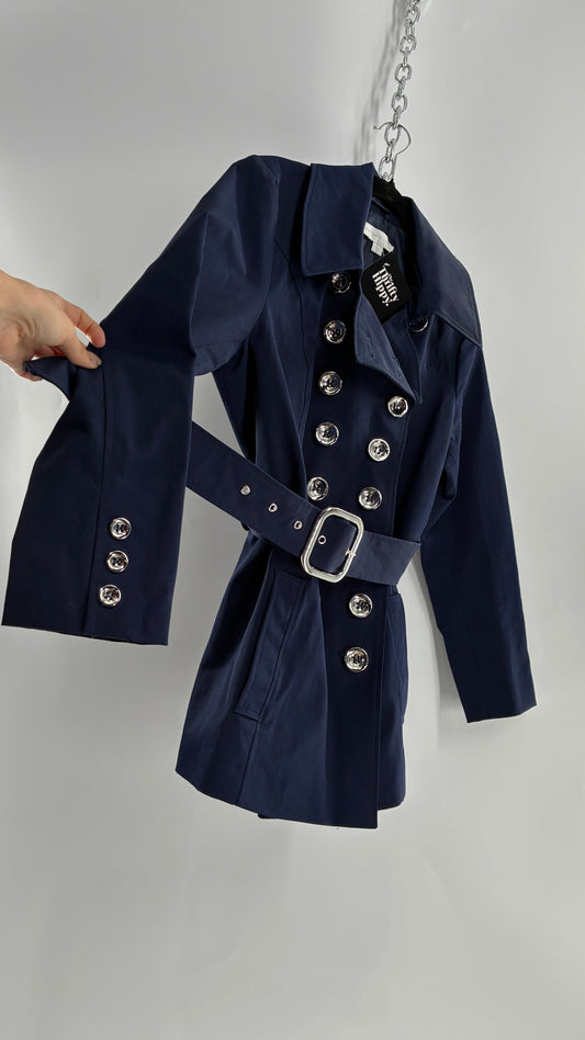 New York & Company Deep Navy Coat with Double Breasted Silver Buttons and Oversized Silver Buckle (Large)