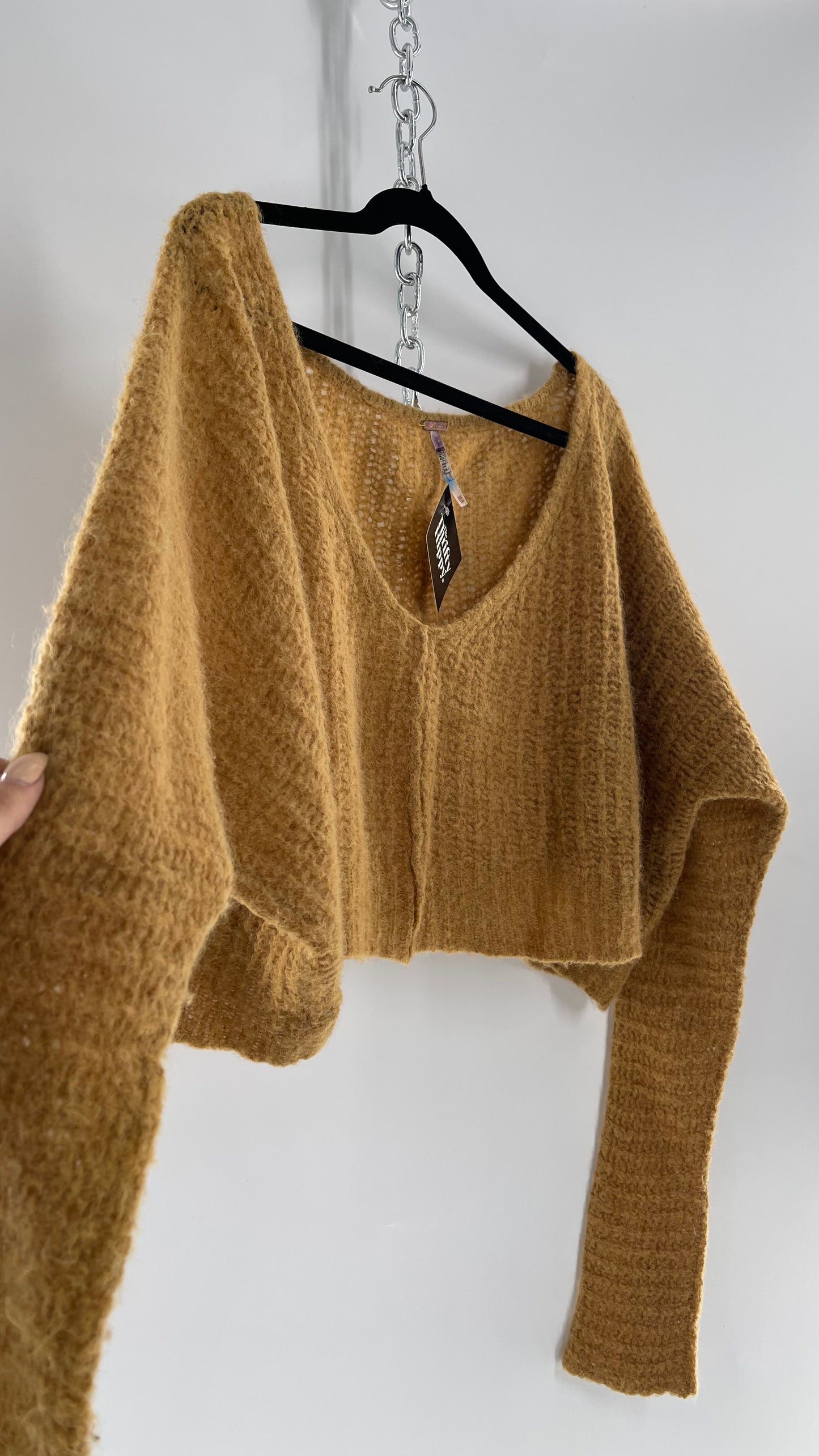 Free People Mustard Knit Cropped Sweater (XS) 88% Alpaca Fur