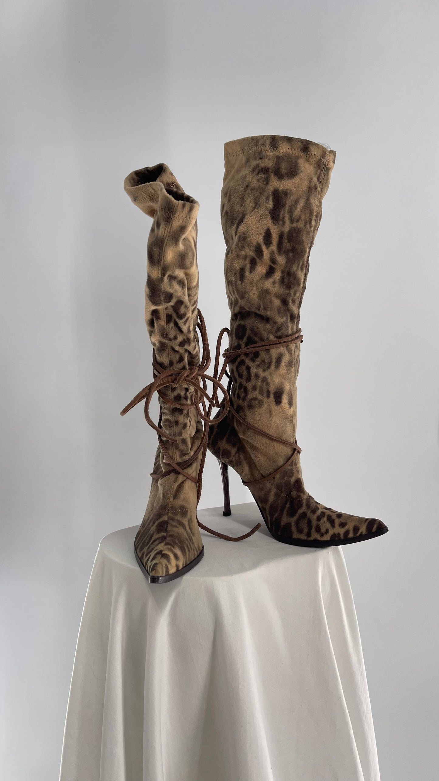 Vintage Alberto Venturini Animal Print Tie Up Pointed Toe Boots (37)