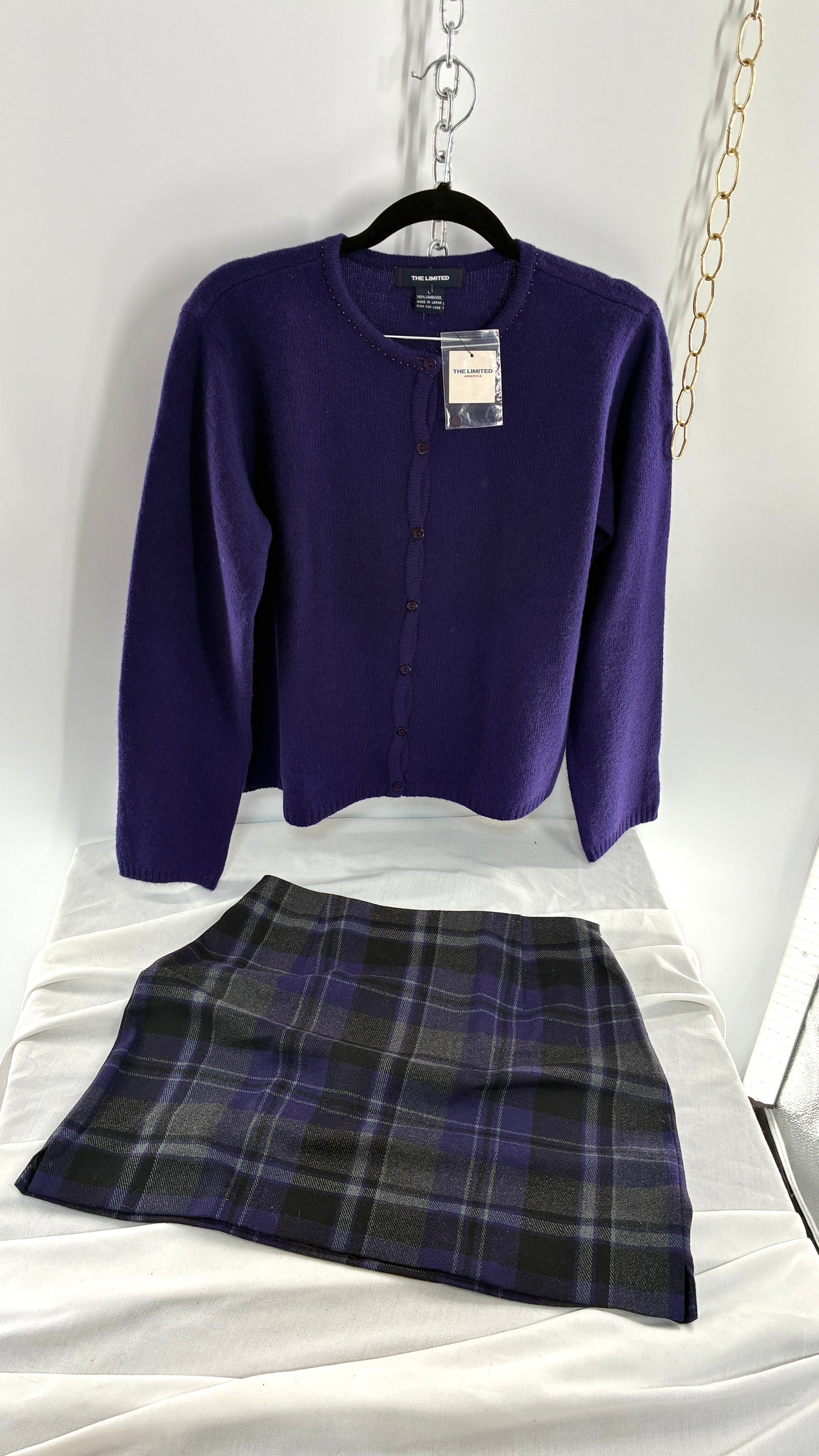 Deadstock Vintage THE LIMITED Japanese 100% Lambswool Purple Cardigan and Plaid Mini Skirt Set (L,10)