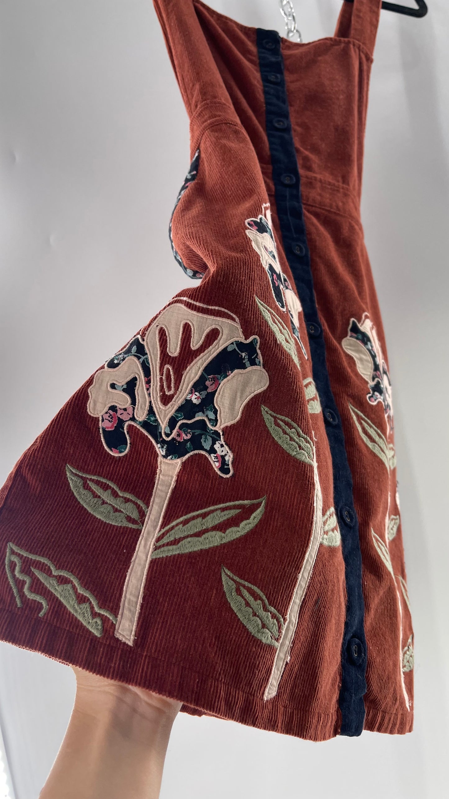 Seen. Worn. Kept. Anthropologie Terracotta Burnt Orange Corduroy Overall Dress with Embroidered Flower Details  (S)