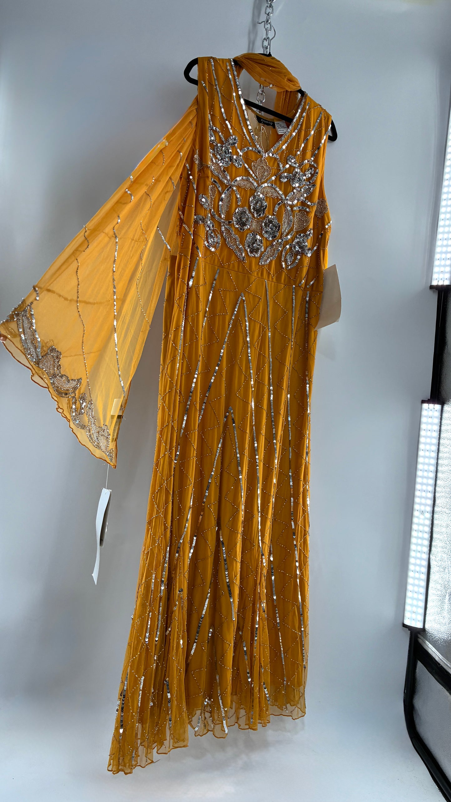 Deadstock Vintage ASHRO 1990s Mustard Yellow Dress with Sheer Back, Neck Scarf and Silver Beading (XXL)