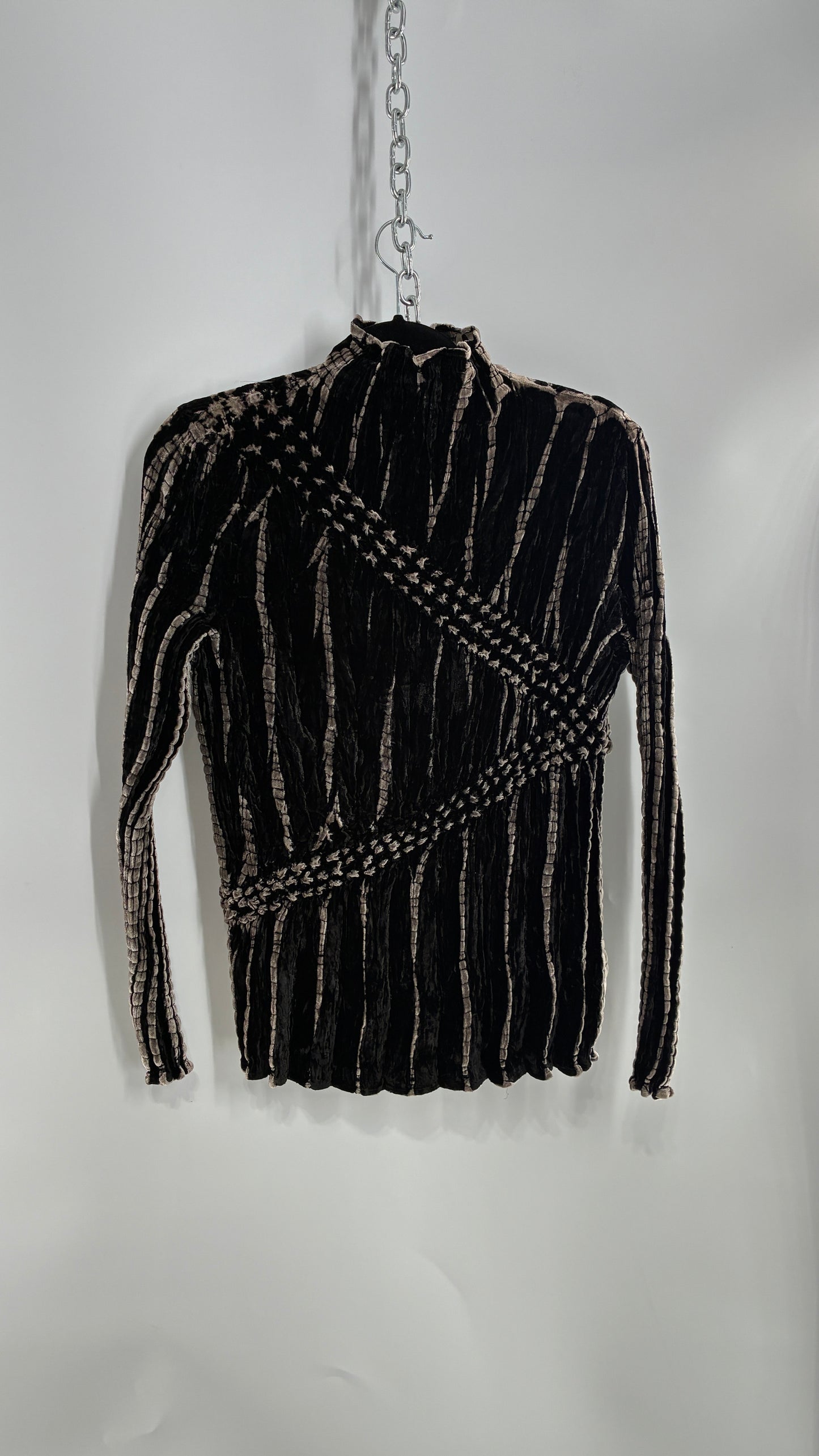 Vintage 1990s Crushed Velvet Black and Beige High Neck Blouse (Small)