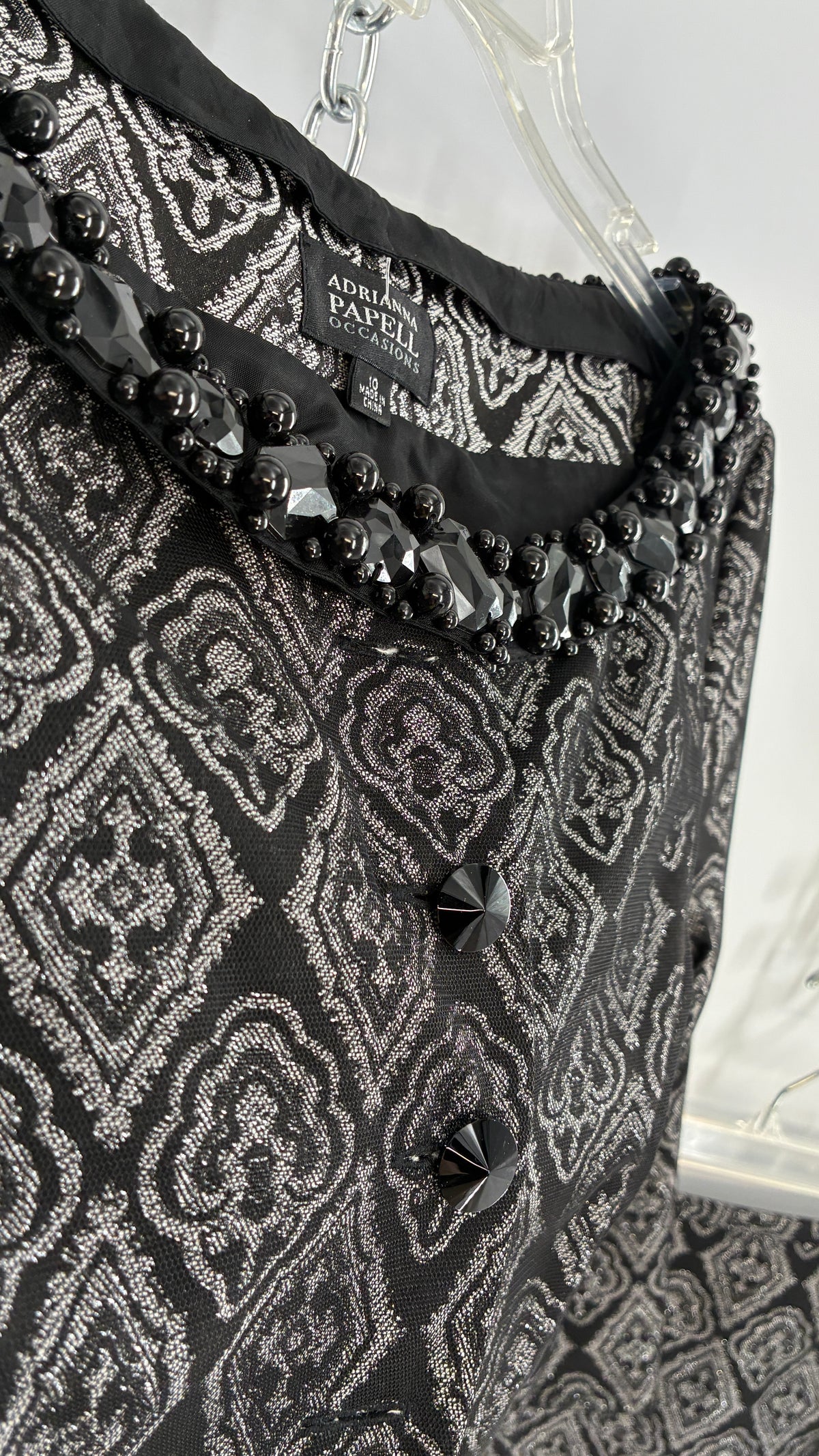 Vintage ADRIANNA PAPPELL Set with Brocade Underlay, Black Mesh Overlay, Waist Snatch, and Mini Skirt (10,8)