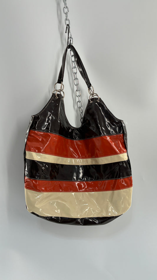 Vintage CANDIES Patent Oversized Striped Brown, Cream, Orange Tote