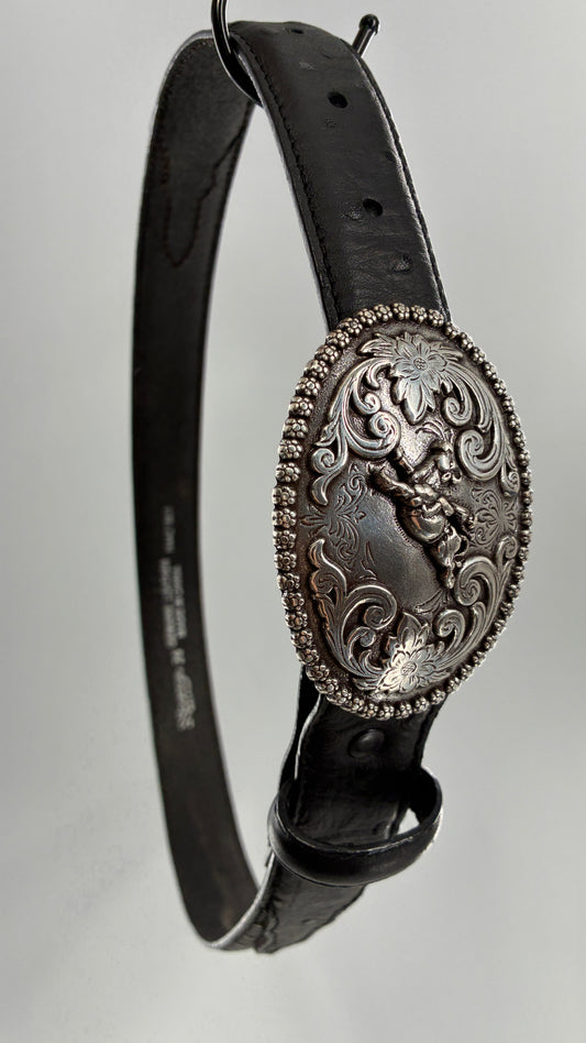 Vintage NOCONA Black Leather Western Style Belt with Oversized Engraved Cowboy Buckle (26)