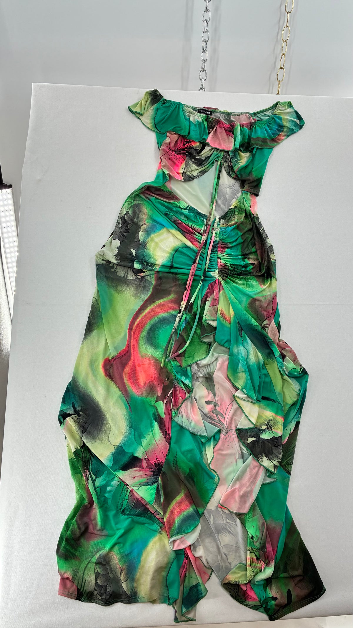 FASHION NOVA Graphic Green Cut Out, Side Slit Gown with Adjustable Waist and Bust Exposure (S/M)