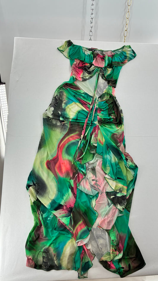 FASHION NOVA Graphic Green Cut Out, Side Slit Gown with Adjustable Waist and Bust Exposure (S/M)