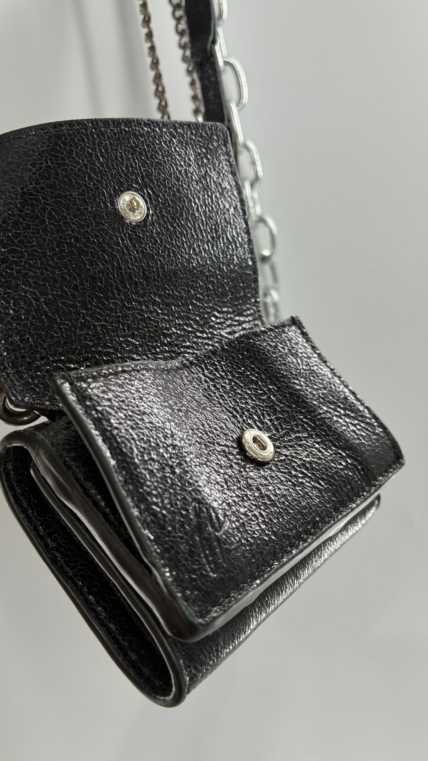 Free People Black Metallic Goat Leather Wallet with Leather and Chain Straps