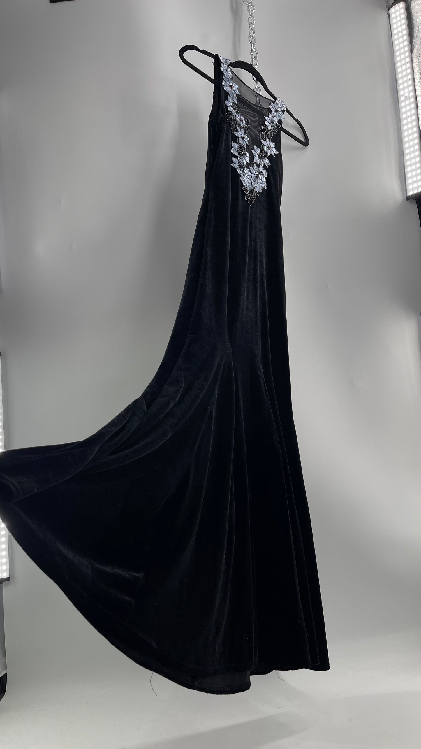 Vintage Jessica McClintock Black Velvet Fit And Flare Gown with Plunging Neckline Covered in Embroidered Beaded Pale Blue Flowers (2)