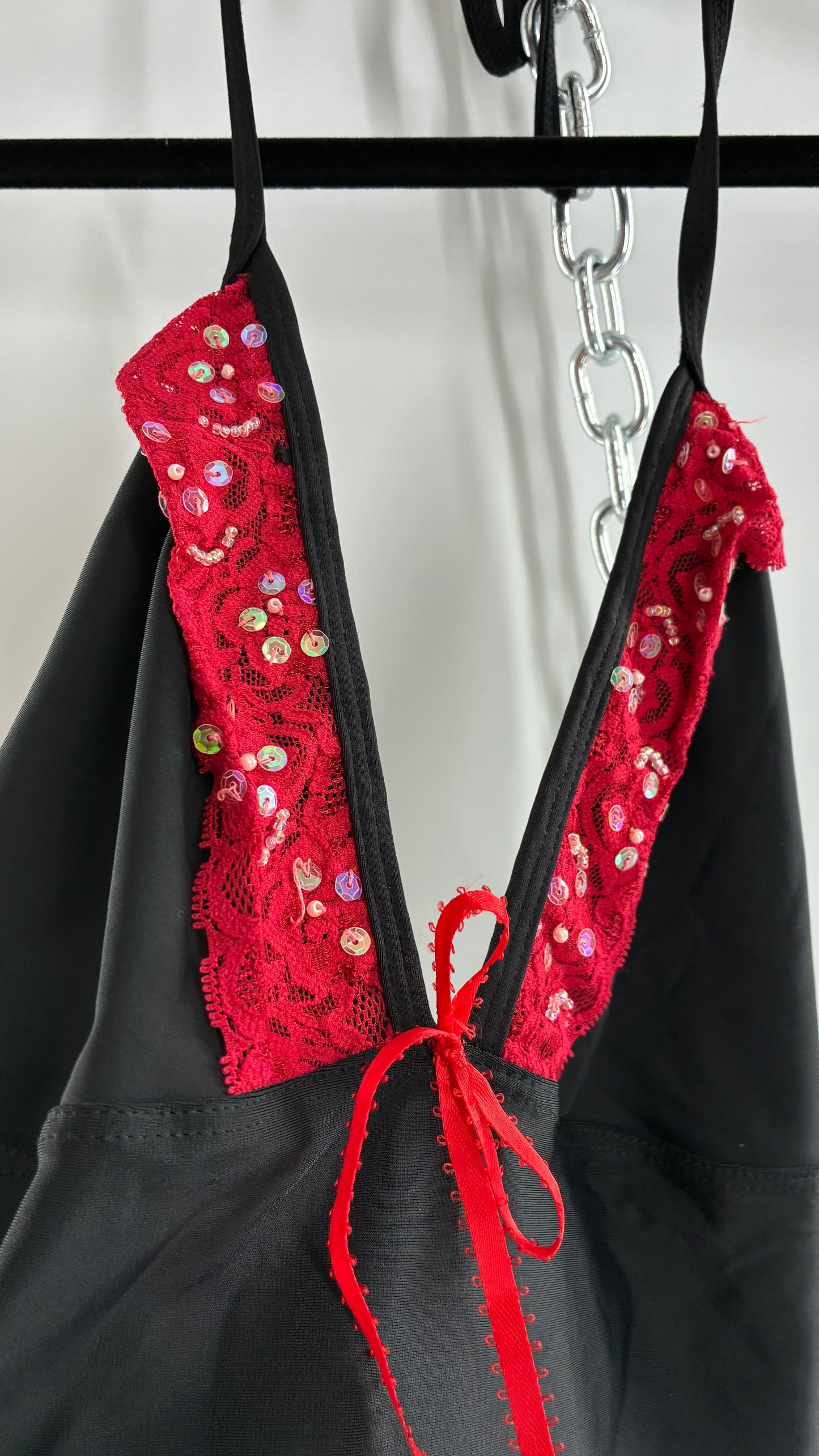 Vintage PROMISCUOUS Black Camisole Slip with Red Ruffled Sequin Lace and Scalloped Bum  (XL)