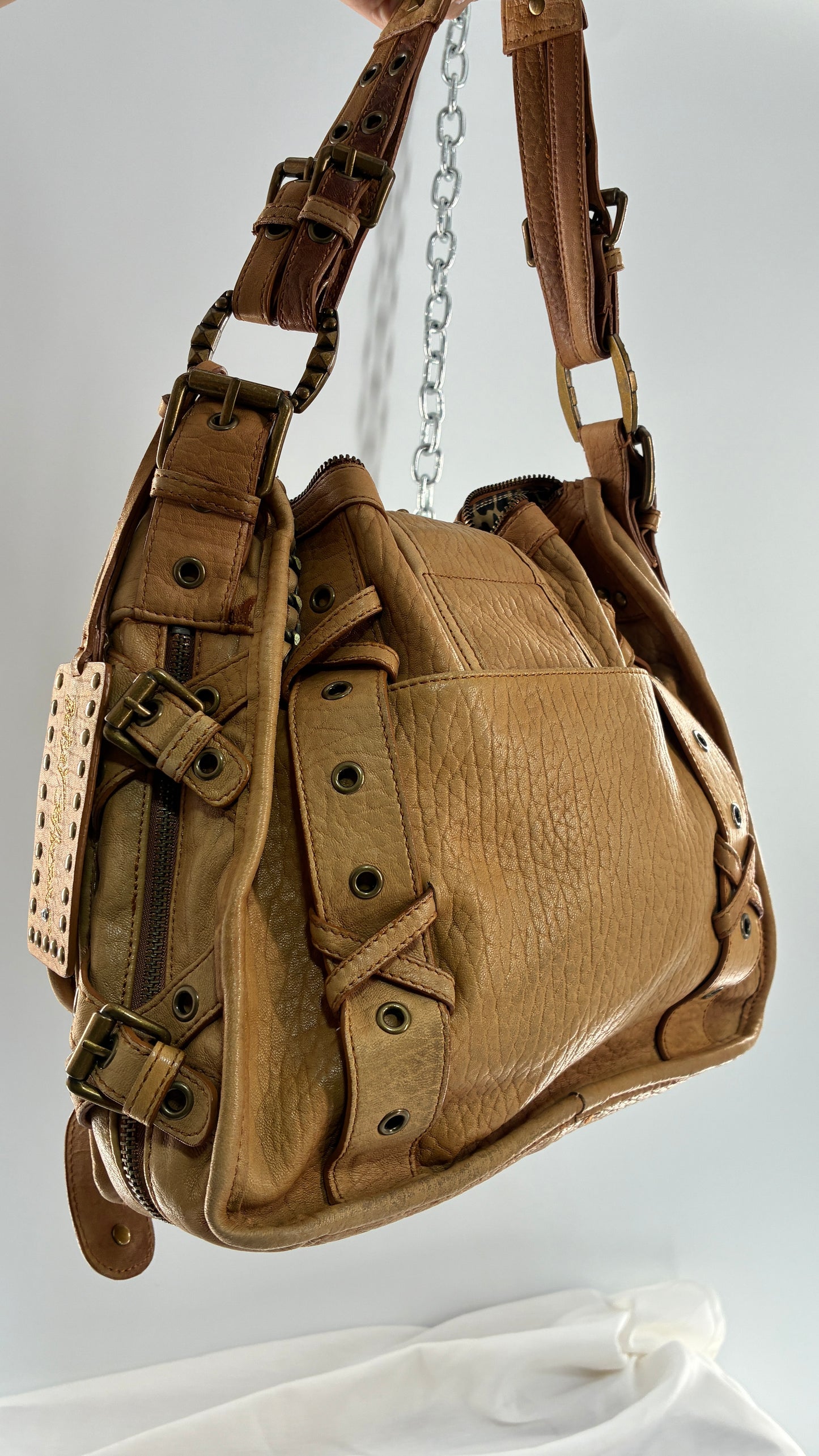 Rare Vintage BETSEY JOHNSON Heavy Leather, Oversized Shoulder Bag with Leopard Lining