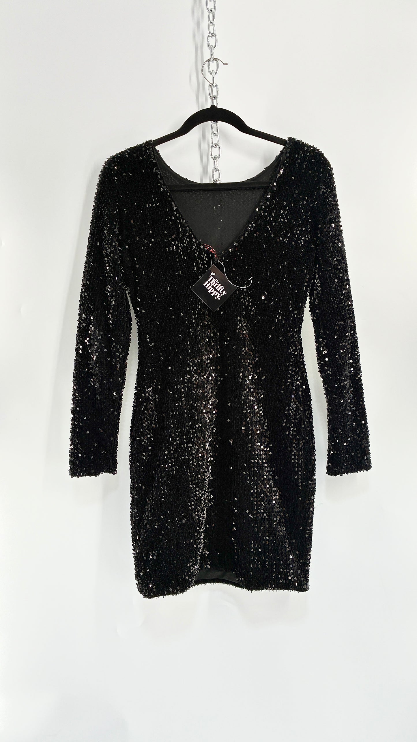 MOTEL Black Thick Velour and Sequin Long Sleeve Bodycon Mini Dress (Medium)