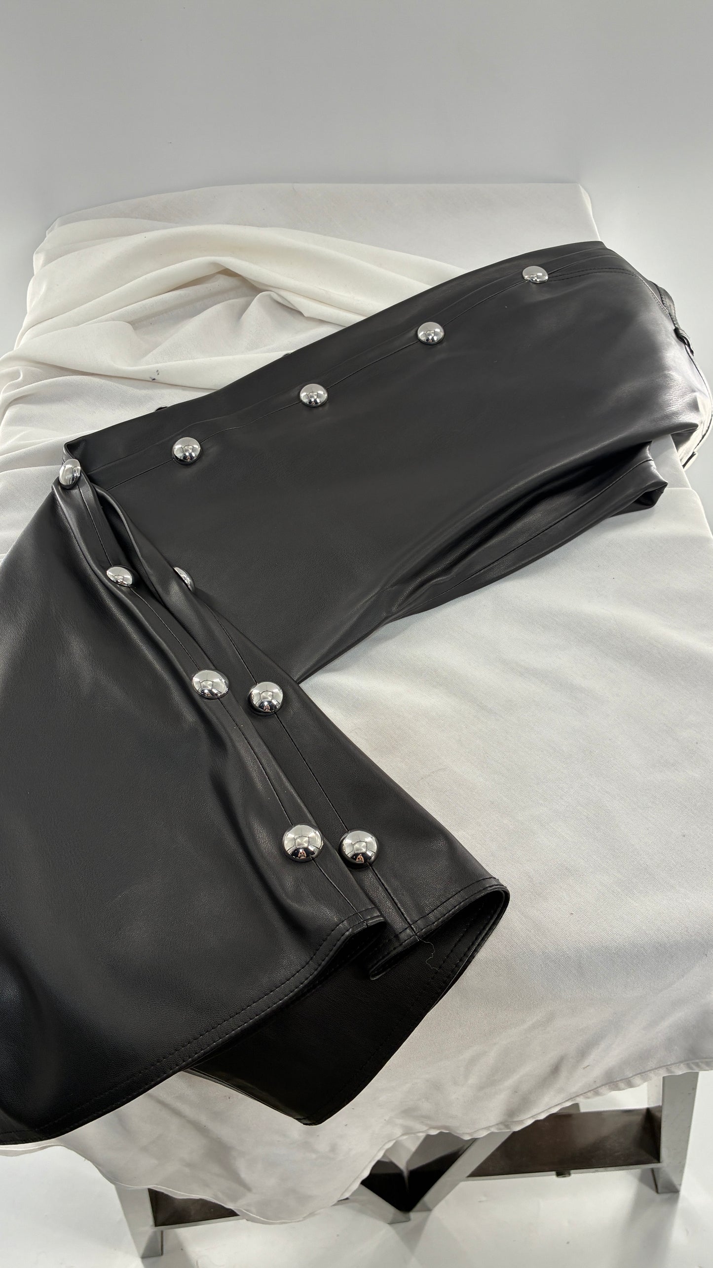 Vintage MILLY Black Vegan Leather Wide Leg Pants with Silver Oversized Studs