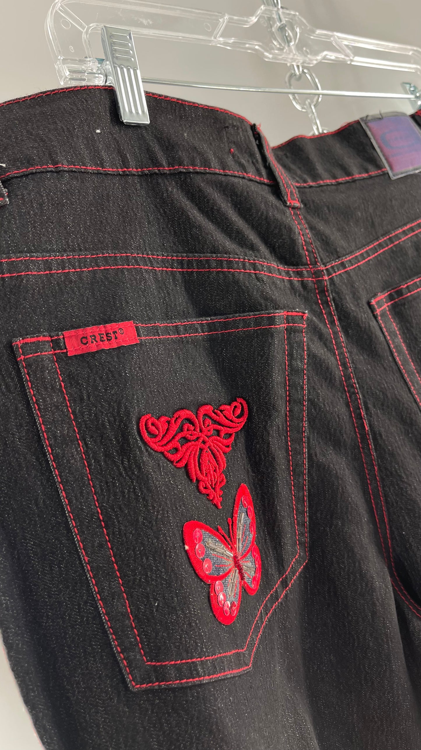 Rare Vintage Black Crest Jeans with Red Contrast Stitching and Butterfly Embroidery on Thigh and Back Pockets (14)