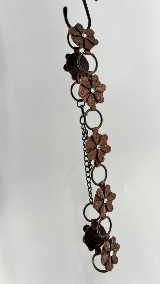 Vintage RELIC Brown Bronze Leather Flower Chain Belt with Rhinestones (M/L)