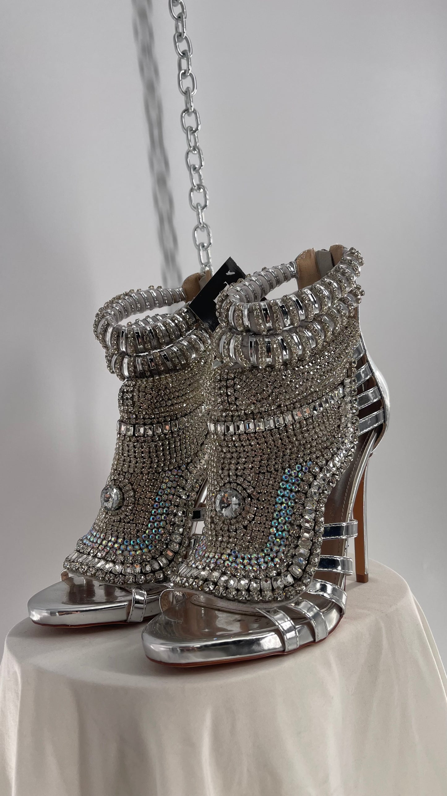 AZALEA WANG Platinum Silver Pusher Crystal Rhinestone Embellished Heel with Ankle Straps (10)