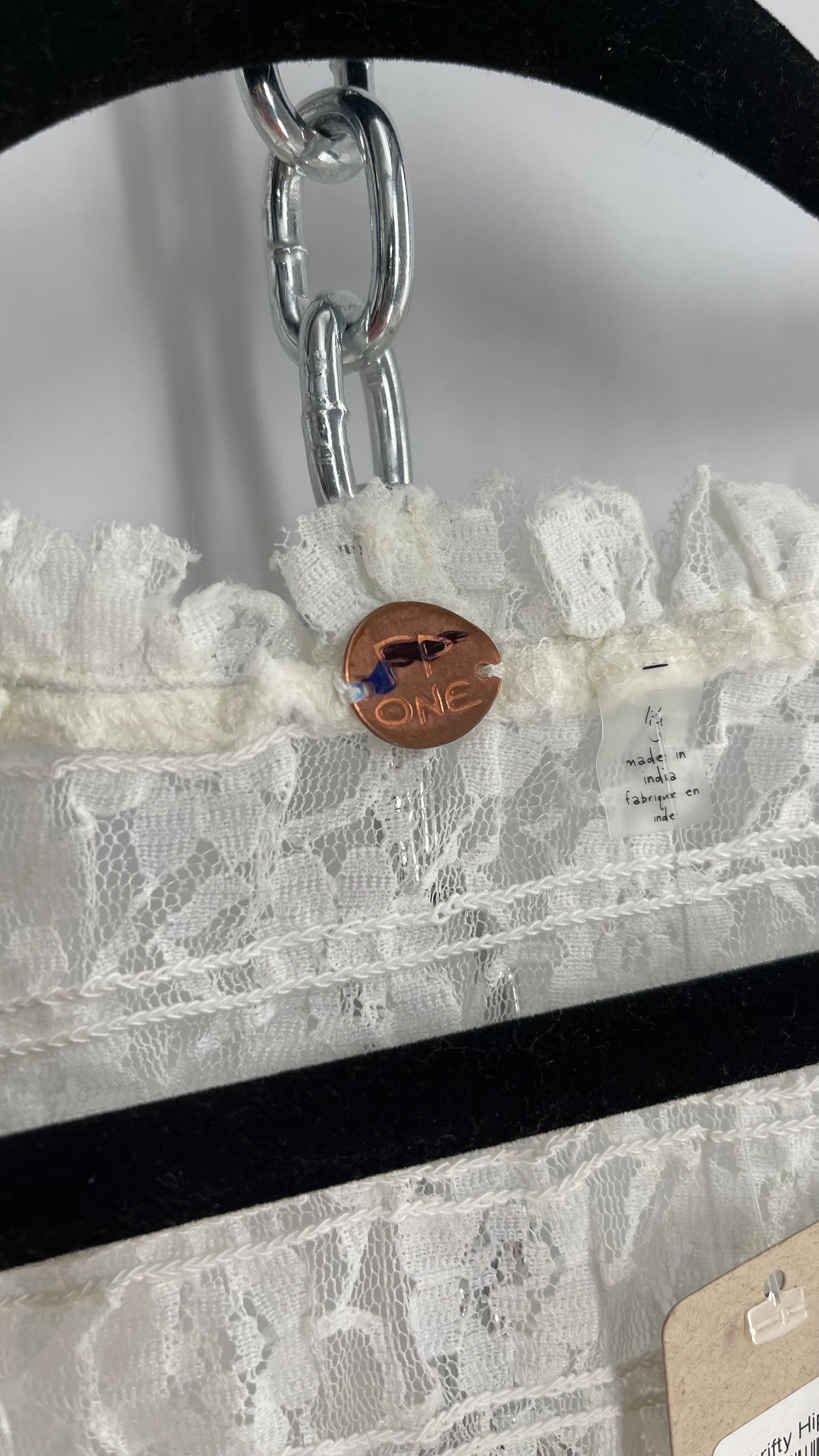 Free People White Smocked Lace Long Sleeve with Eyelet Closure (Large)