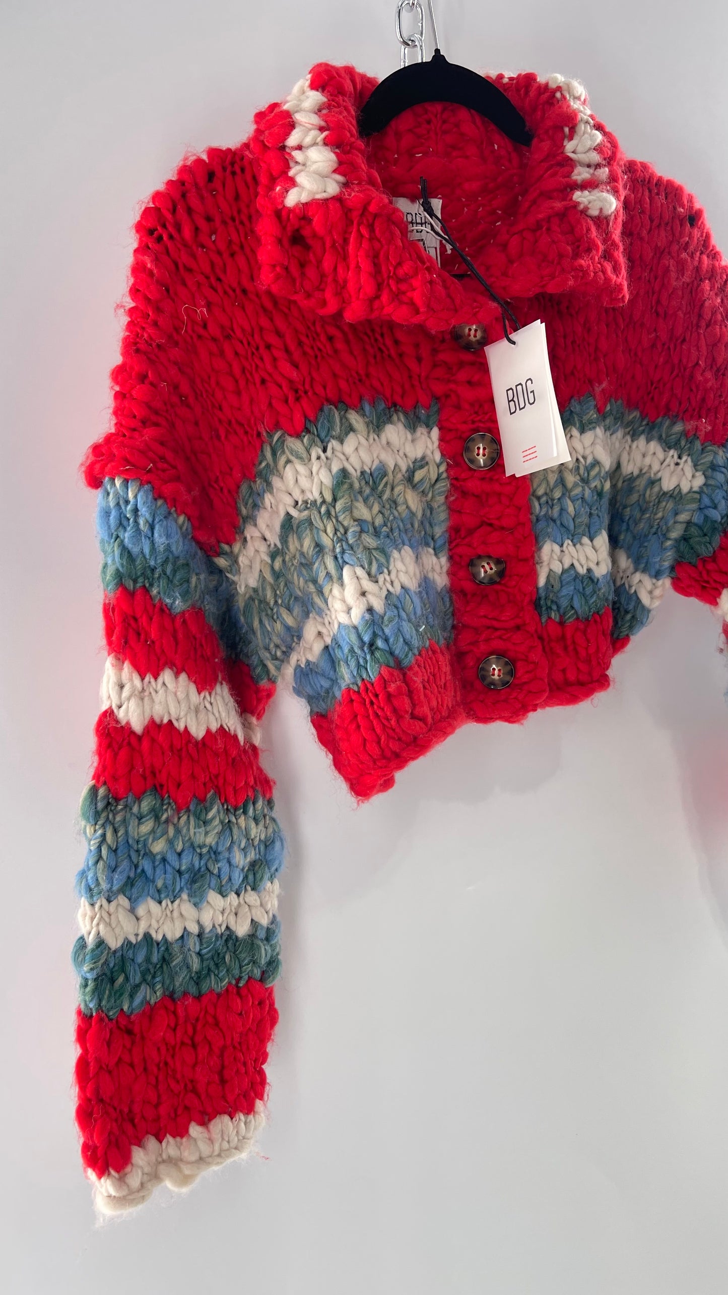 BDG Urban Outfitters Thick Knit Red White Blue Chunky Cropped Striped Cardigan (XS)