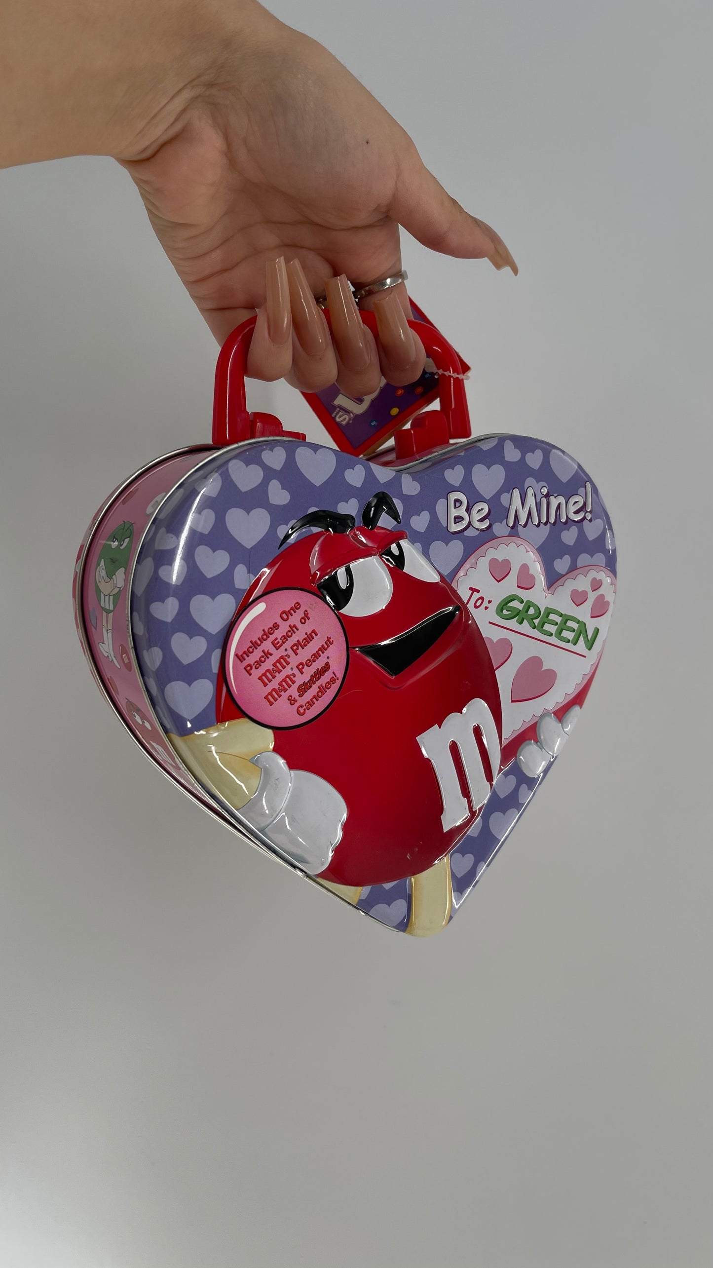 Deadstock Vintage M&M Tin Heart Shaped Lunch Box with “Be Mine” and “In Your Dreams” Embossed