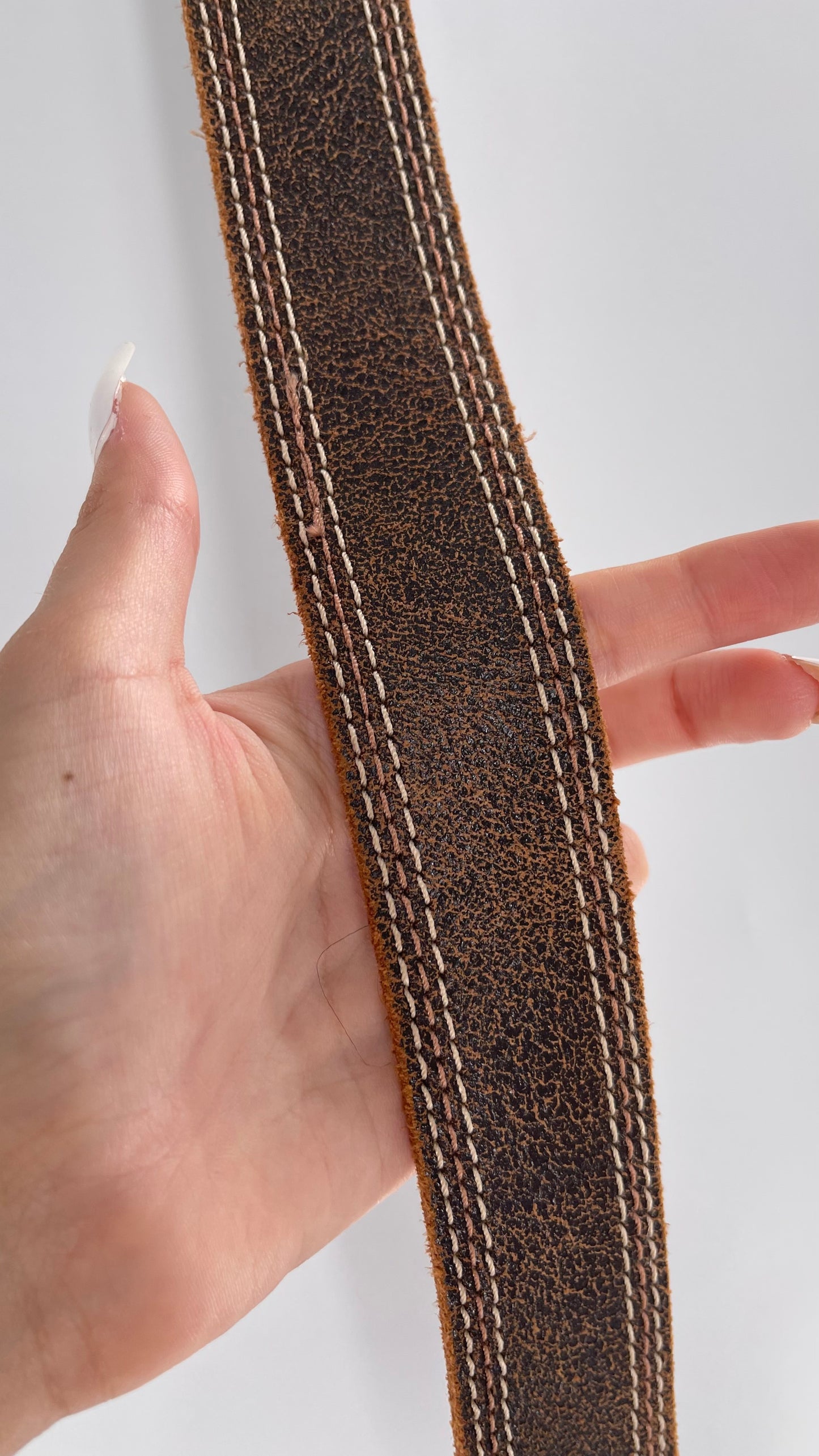 Vintage Belt Shak Brown Leather Belt with Stitching and Embossed Silver Metal Buckle (M)