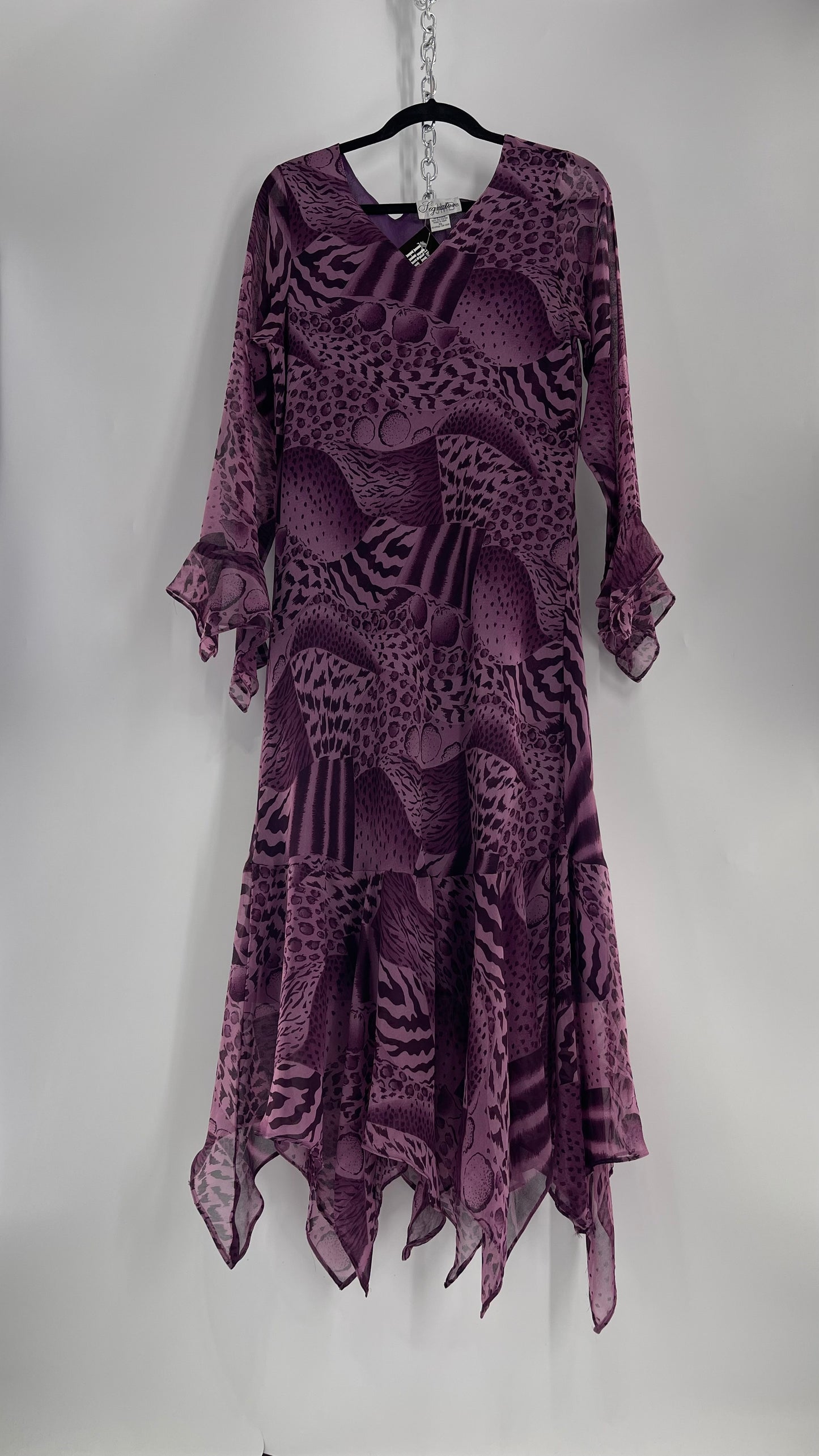 Vintage Signature JMB Suga Plum Fairy, Purple Maxi with Animal Print, Handkerchief Hem and Sleeves (XL)