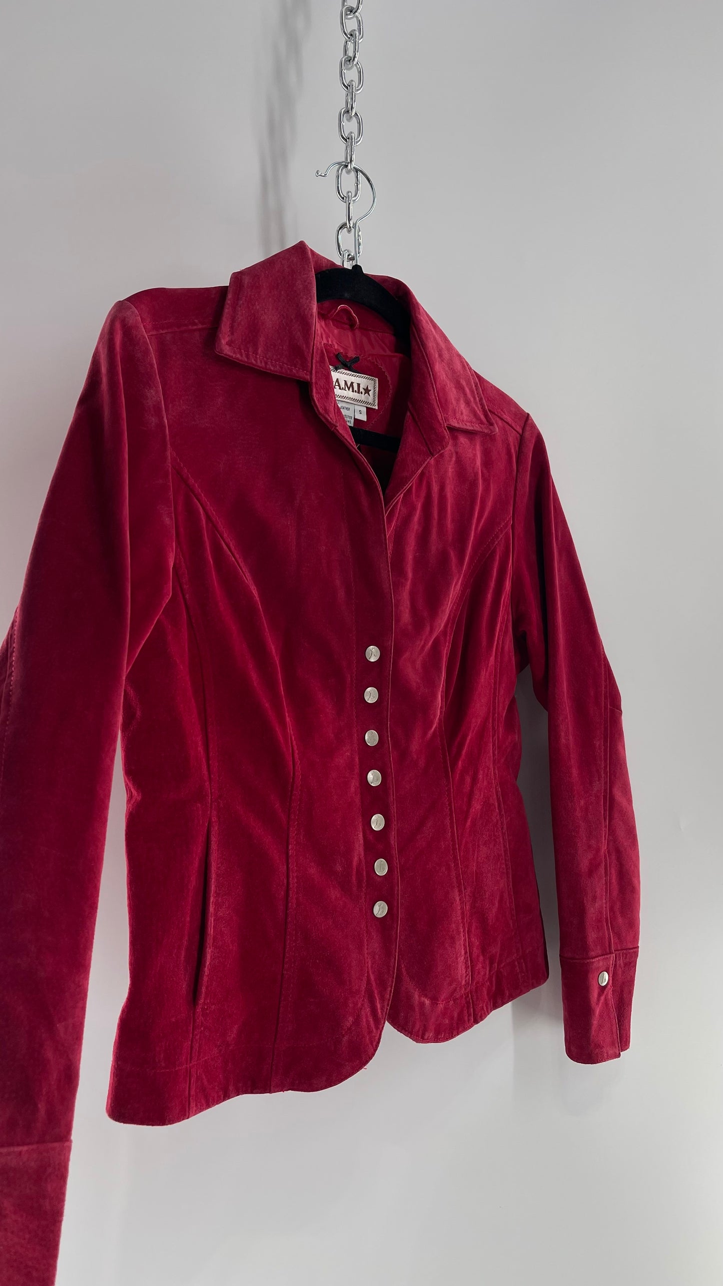 VINTAGE A.M.I Raspberry Red Suede Leather Slim Waist Metal Button Front Jacket (Small)