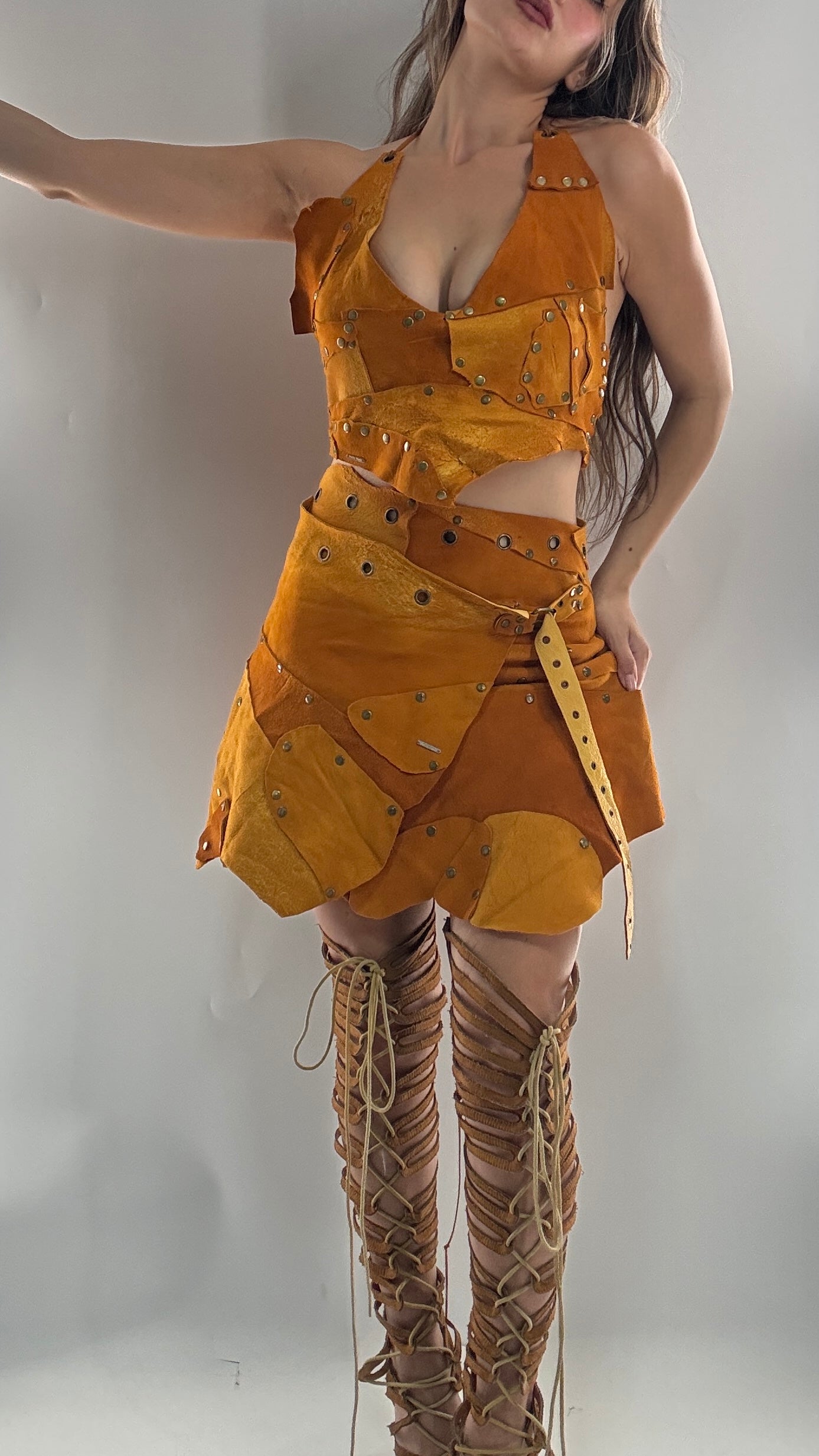 Handmade 1 of 1 and Pressed Genuine Suede and Pebbled Leather Reversible Corset Top and Grommet Skirt Set (XS-M)