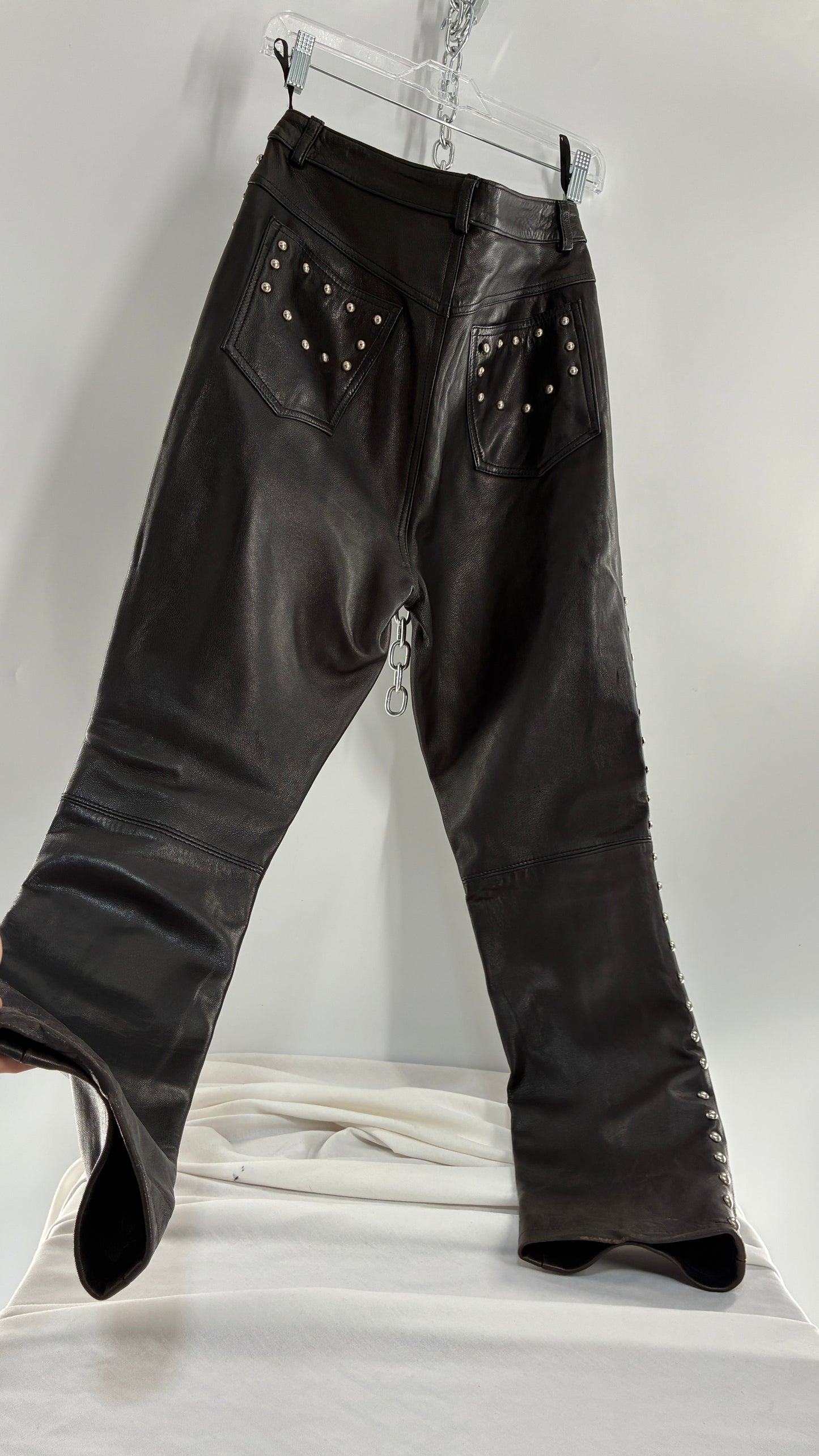 Vintage DKNY Genuine Leather Black Hip to Hem Studded Straight Legs (12)