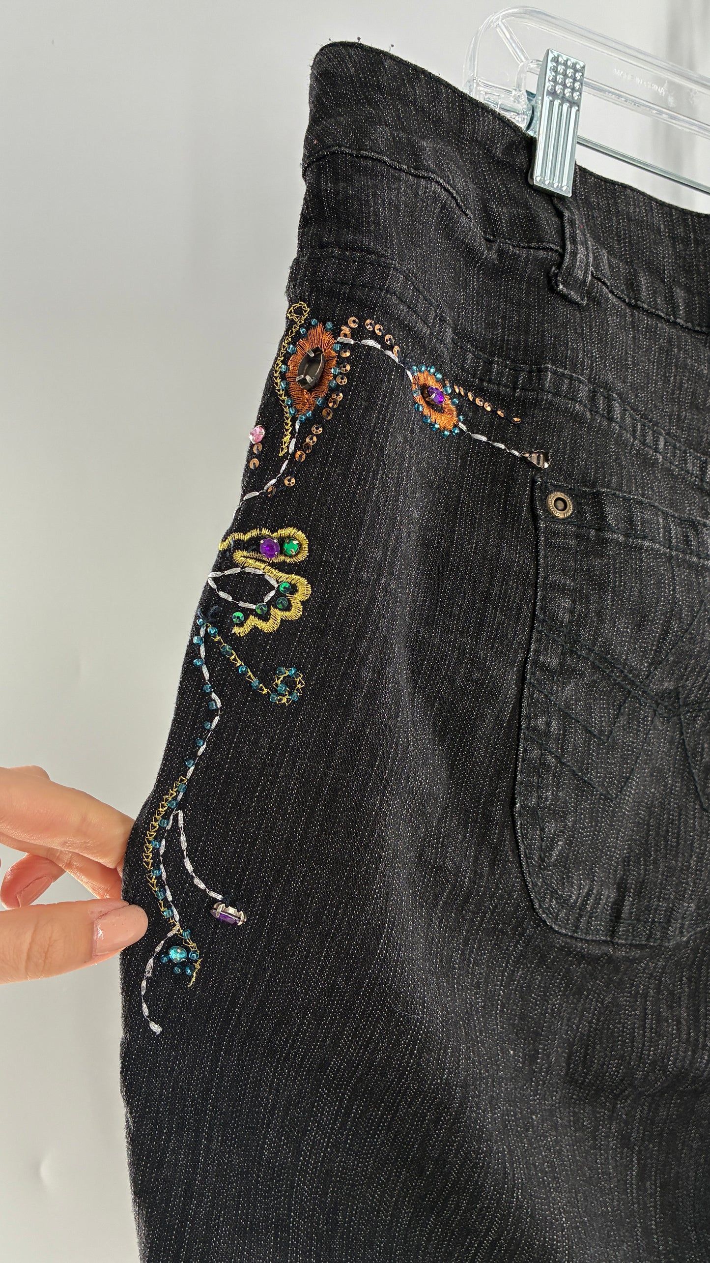 Vintage Grainy Black Denim with Hip to Hem Gemstones and Embroidery (22W)