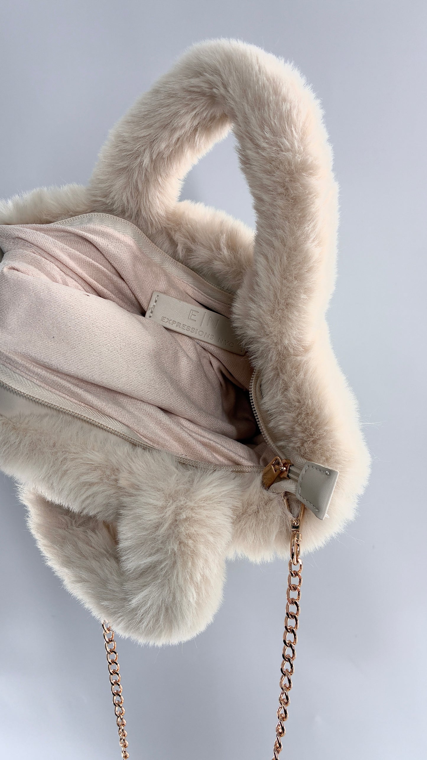 Vintage Fluffy Furry Bucket Bag with Gold Chain