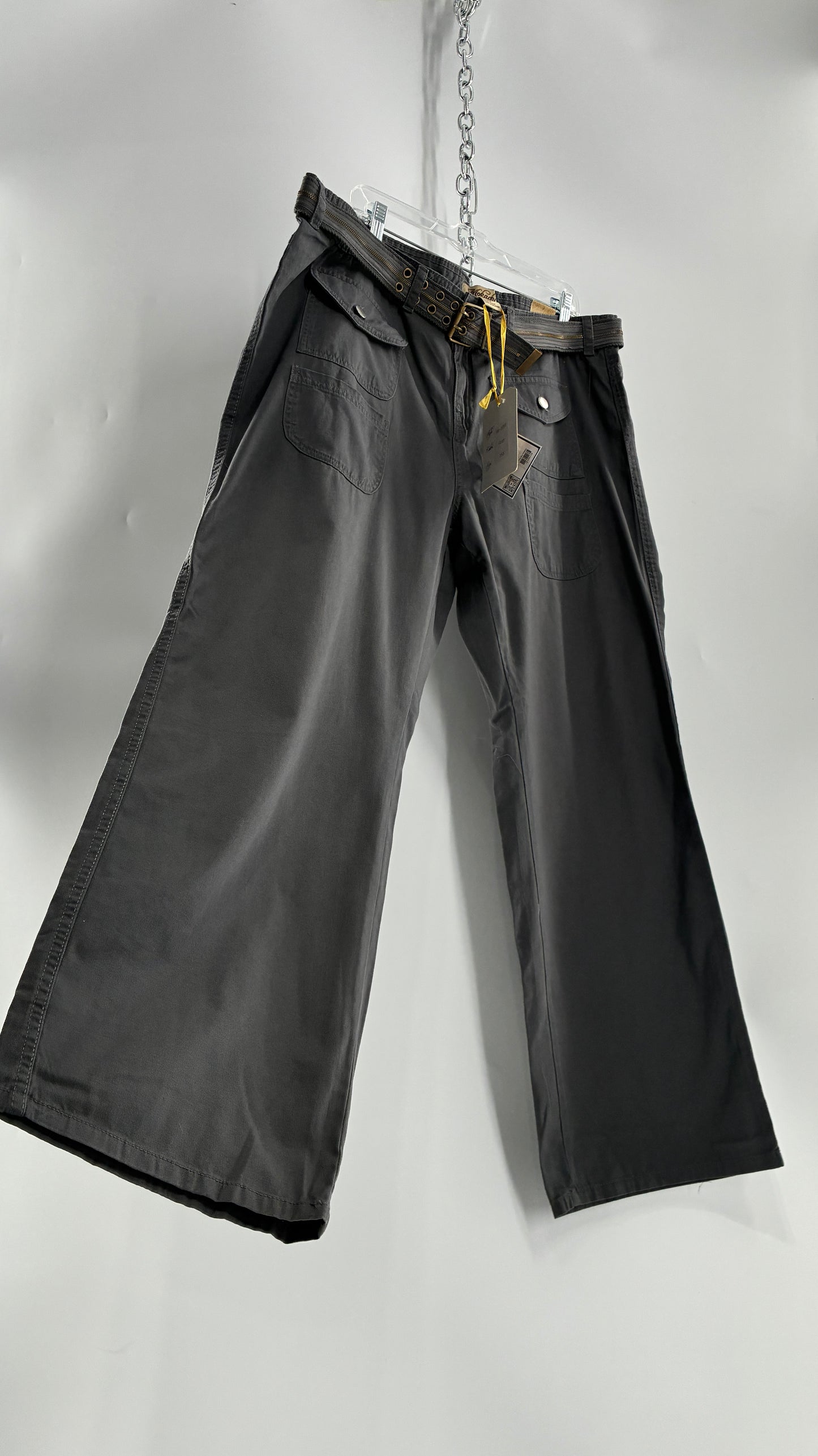 Deadstock Vintage MOKACHINO Grey Low Rise Kick Flares with Zipper Belt and Hip Pockets (18X)