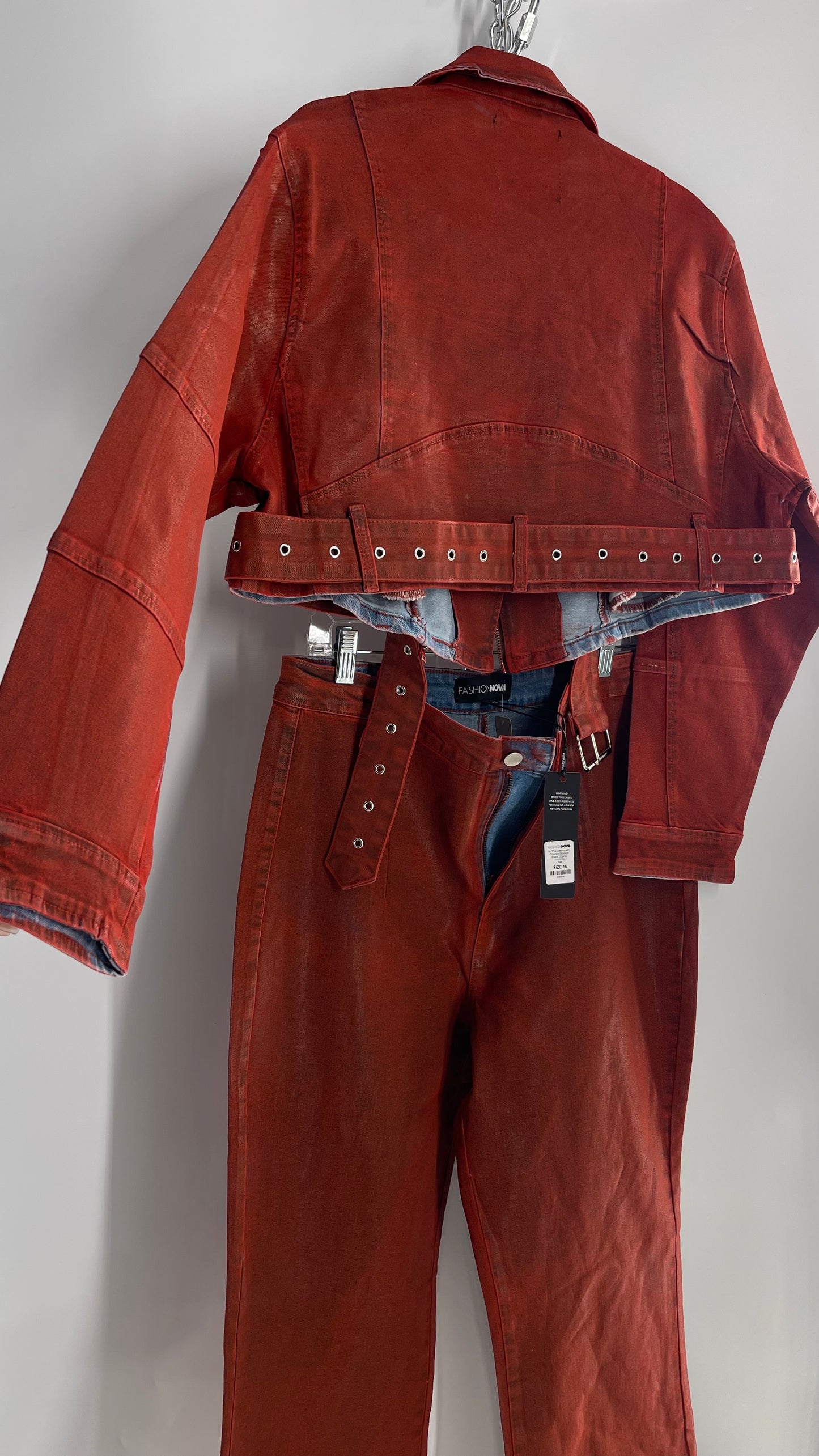 Fashion Nova Red Waxed Denim Cropped Motorcycle Jacket with Flared Jean Set and Tags Attached (XL/15)