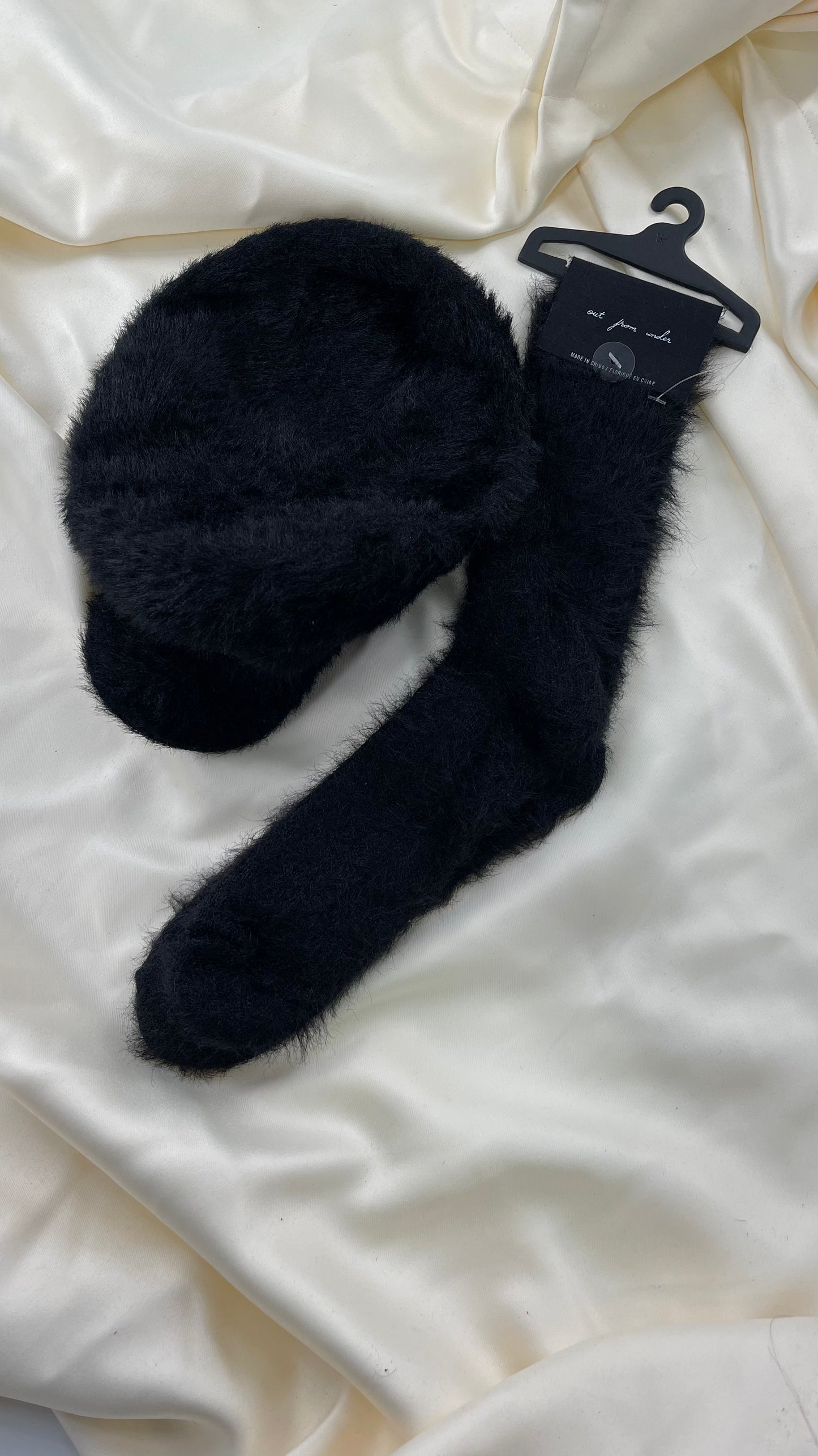 Urban Outfitters Black Fuzzy Newsboy Cap and Knee High Sock Set