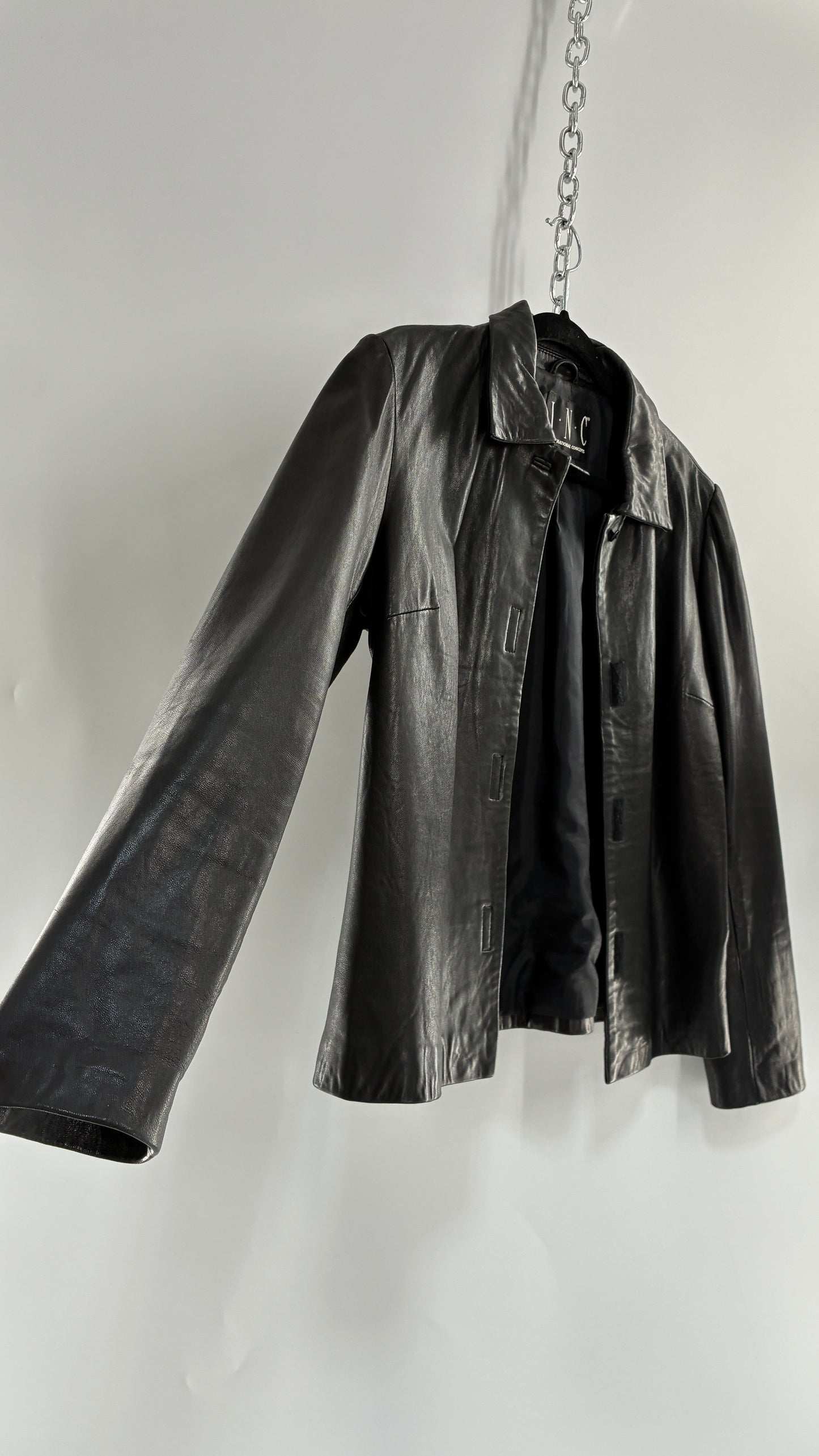 Vintage INC 1990s Black Genuine Ultra Soft Leather Collared Jacket with Velcro Closure Never Worn (Medium)