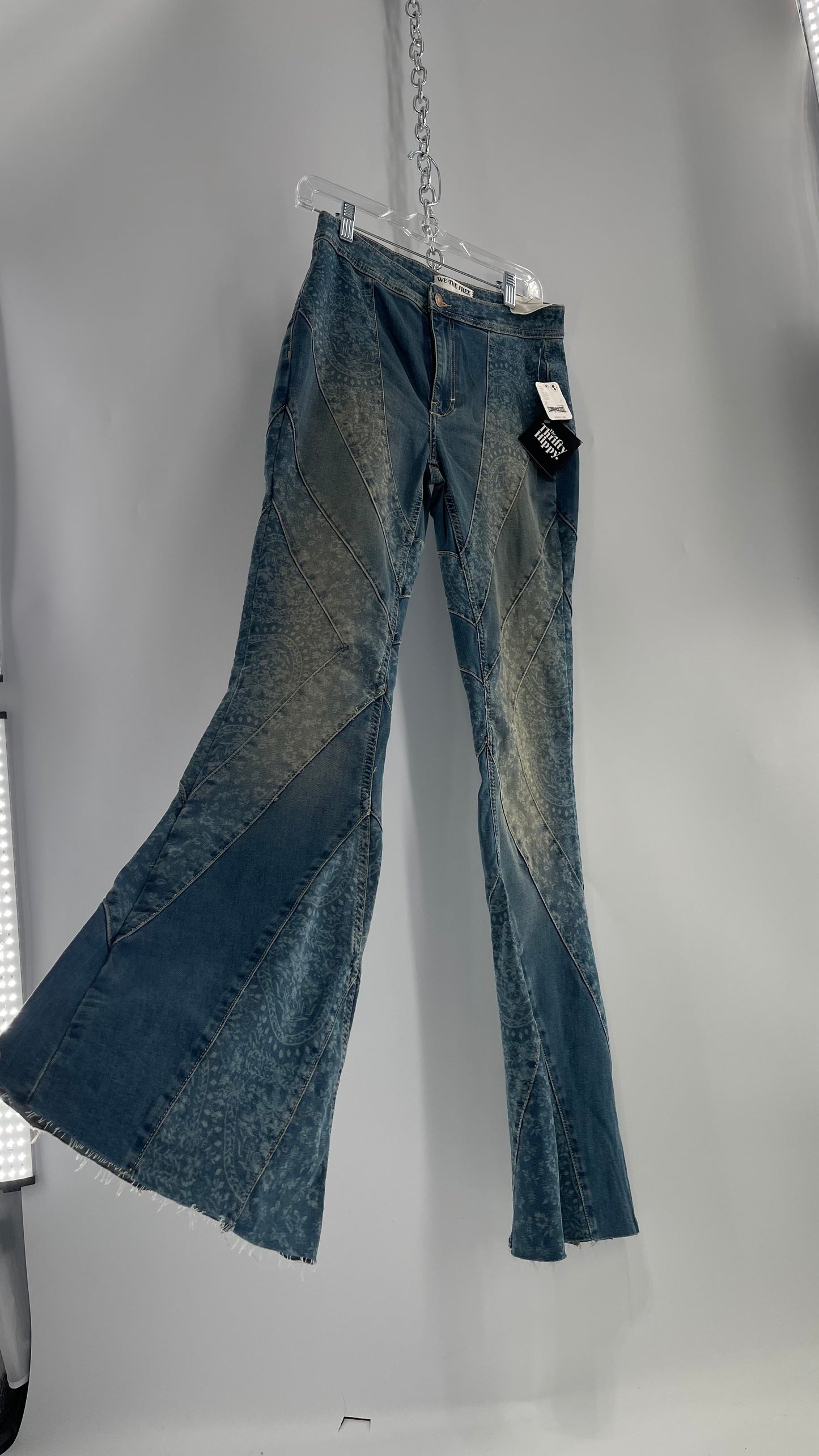 Free People Bell Bottom Kick Flare Paneled Patterned Jeans with Tags Attached (27)