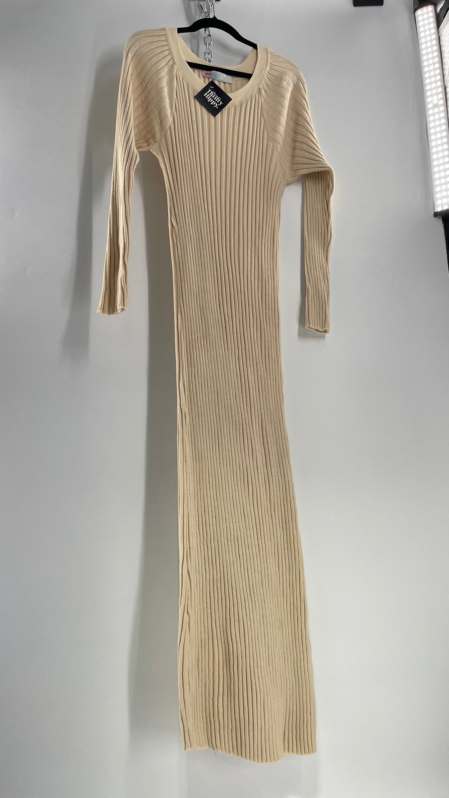 Free People Beige Knit Full Length Cozy Dress (Large)