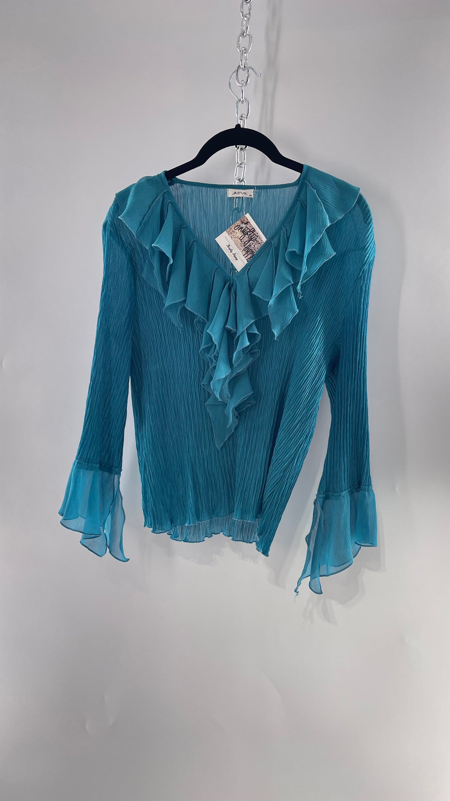 Vintage Jaipur Blue Crimped Blouse with Sheer Handkerchief Cuffs and Ruffled Neckline (Medium)