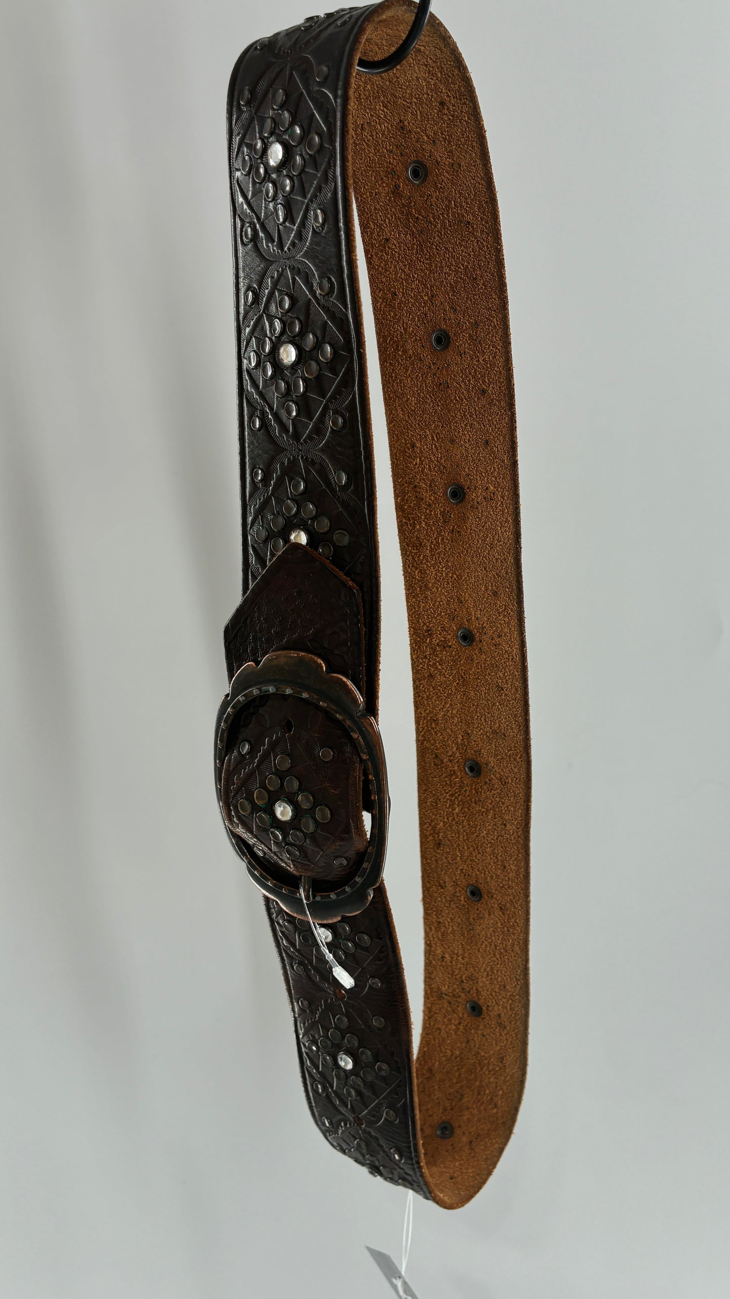 Vintage Abercrombie & Fitch Brown Leather Embossed Belt with Rhinestone Details (Small)